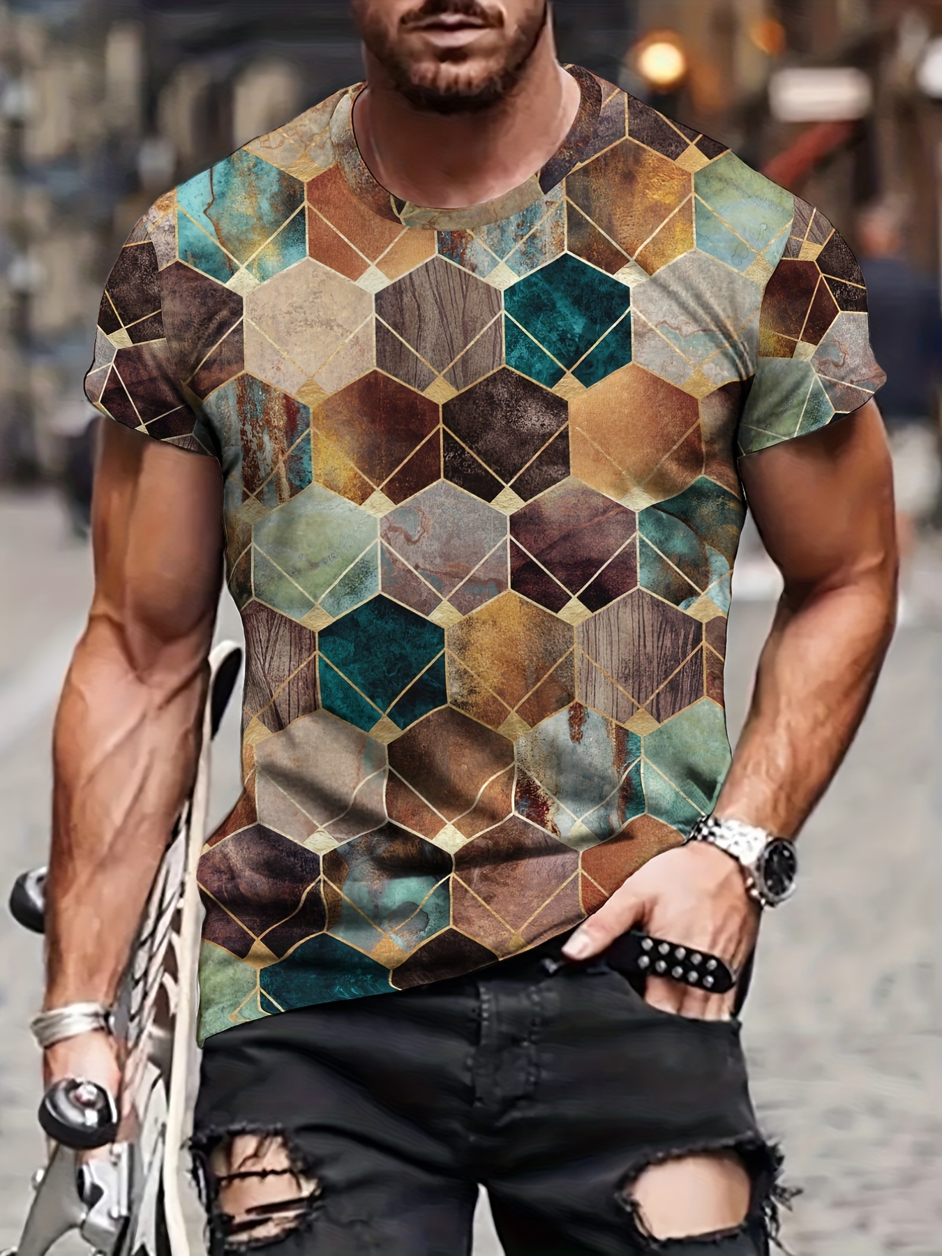 All Over Colorful Print Men's T-shirt For Summer, Casual Stretch