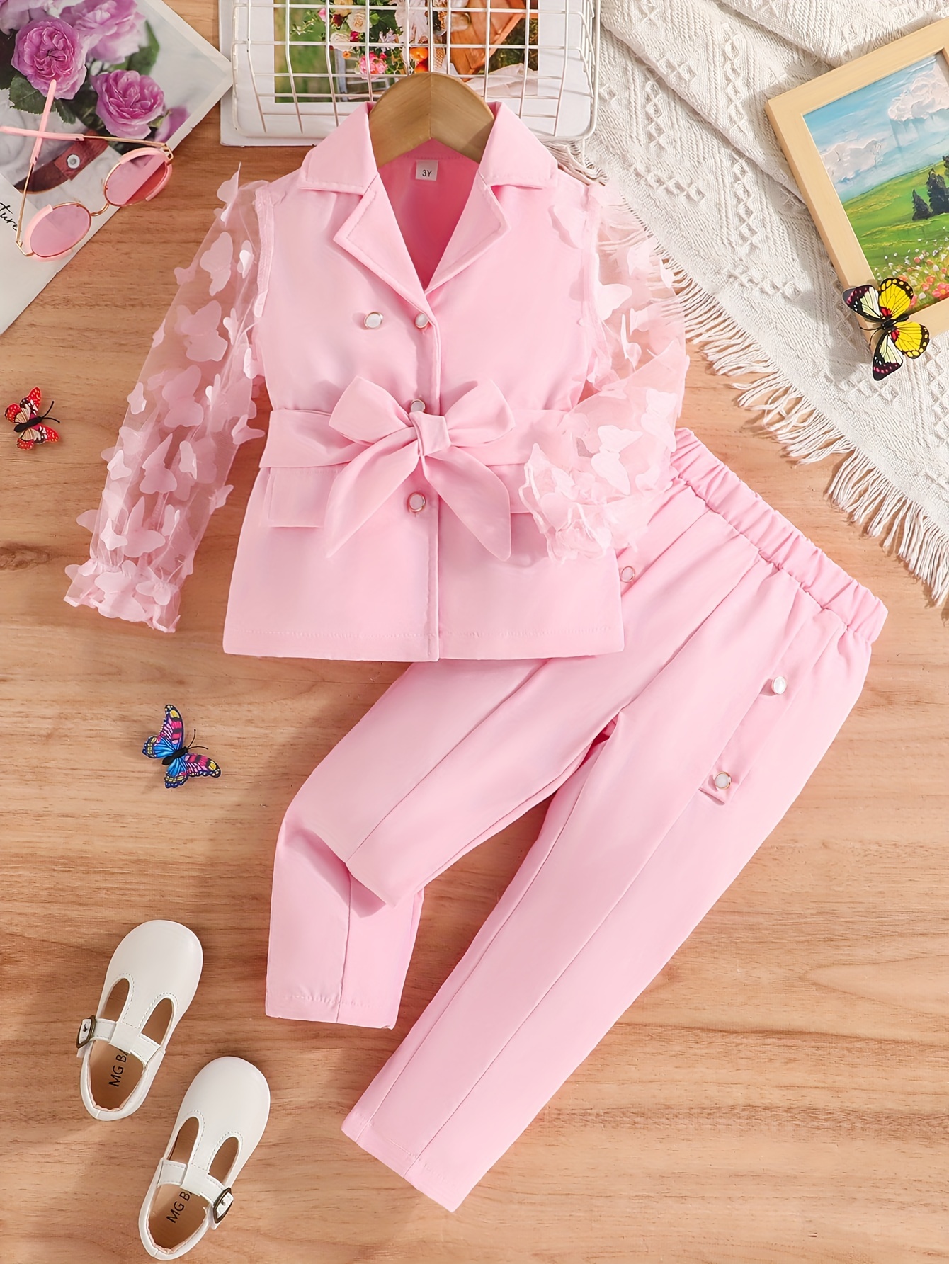 2pcs Girls' Butterfly Blazer and Solid Color Pants Set