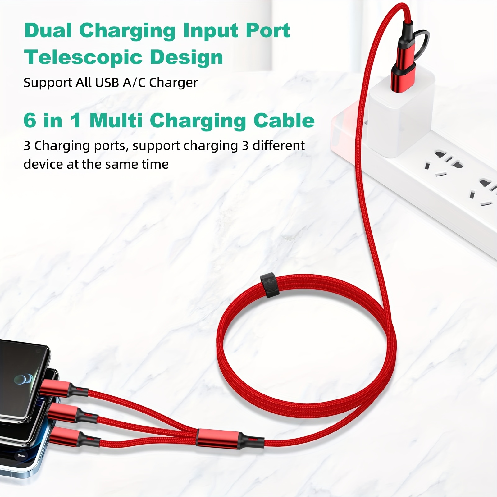 Câble Multi USB,6 en 1 [1.2M] Multi Chargeur USB Câble en Nylon