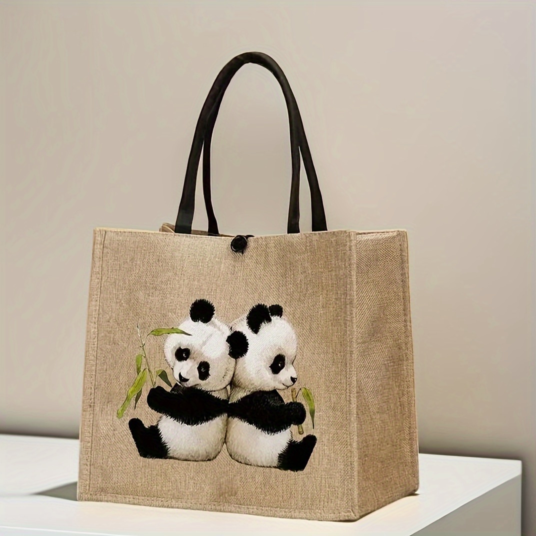 

Cute Panda Print Tote Bag, Lightweight Travel Beach Bag, Portable Burlap Shopping Bag
