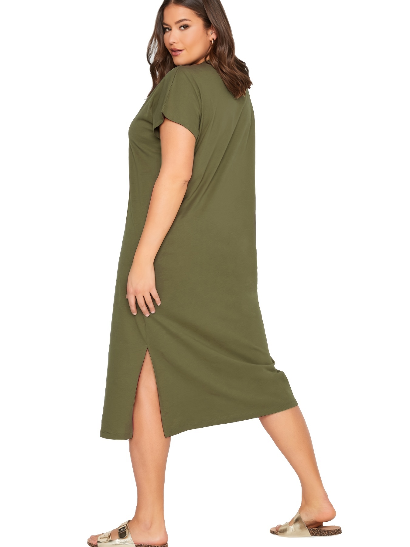 Womens Plus Size Dress Casual V-Neck Short Sleeve Midi Dresses with Pocket