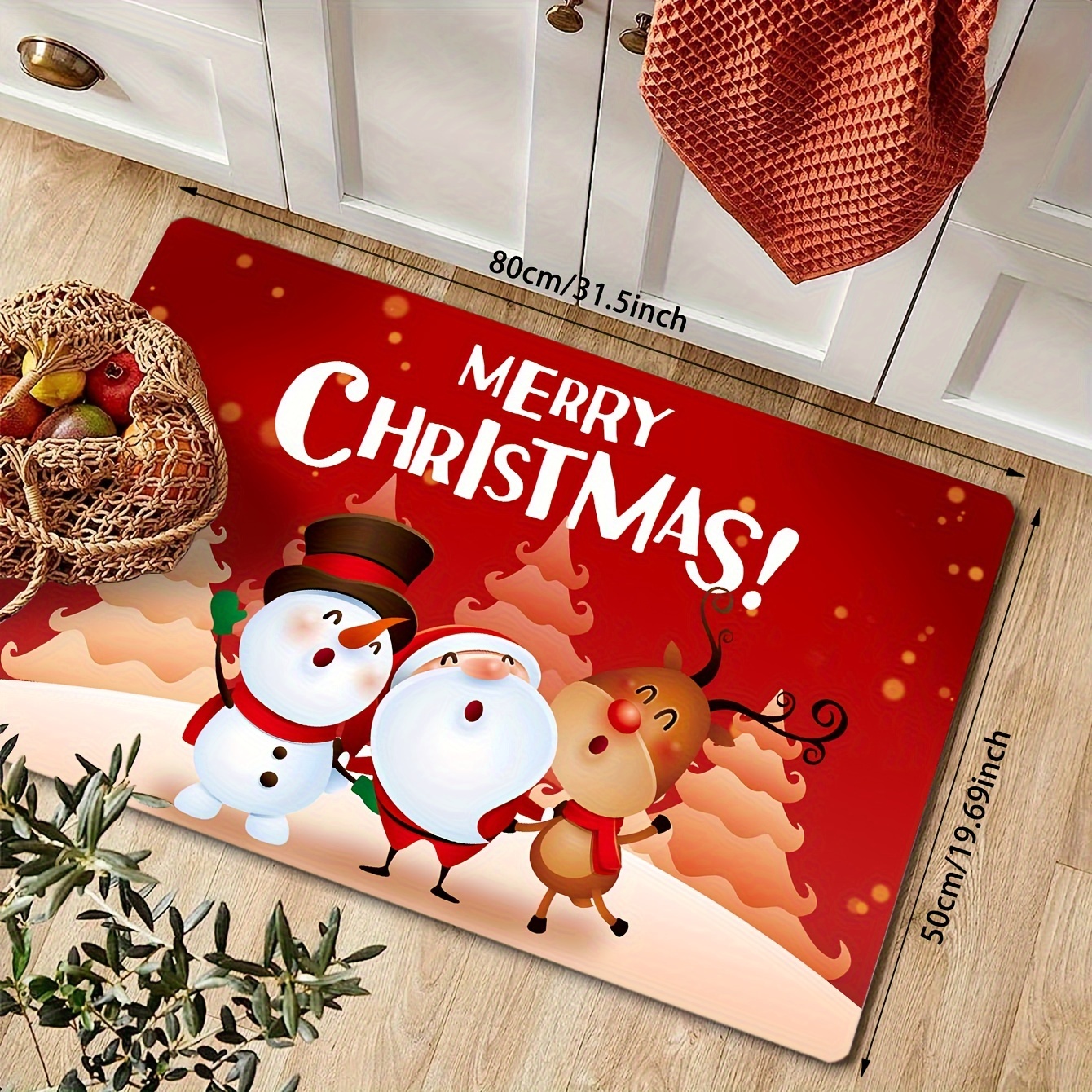 1pc Christmas Snowman Printed Kitchen Floor Mat, Polyester Anti-slip  Decorative Mat For Christmas