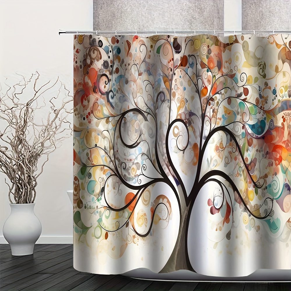 Colorful Tree Pattern Shower Curtain Set, Bathroom Rug, U-shape