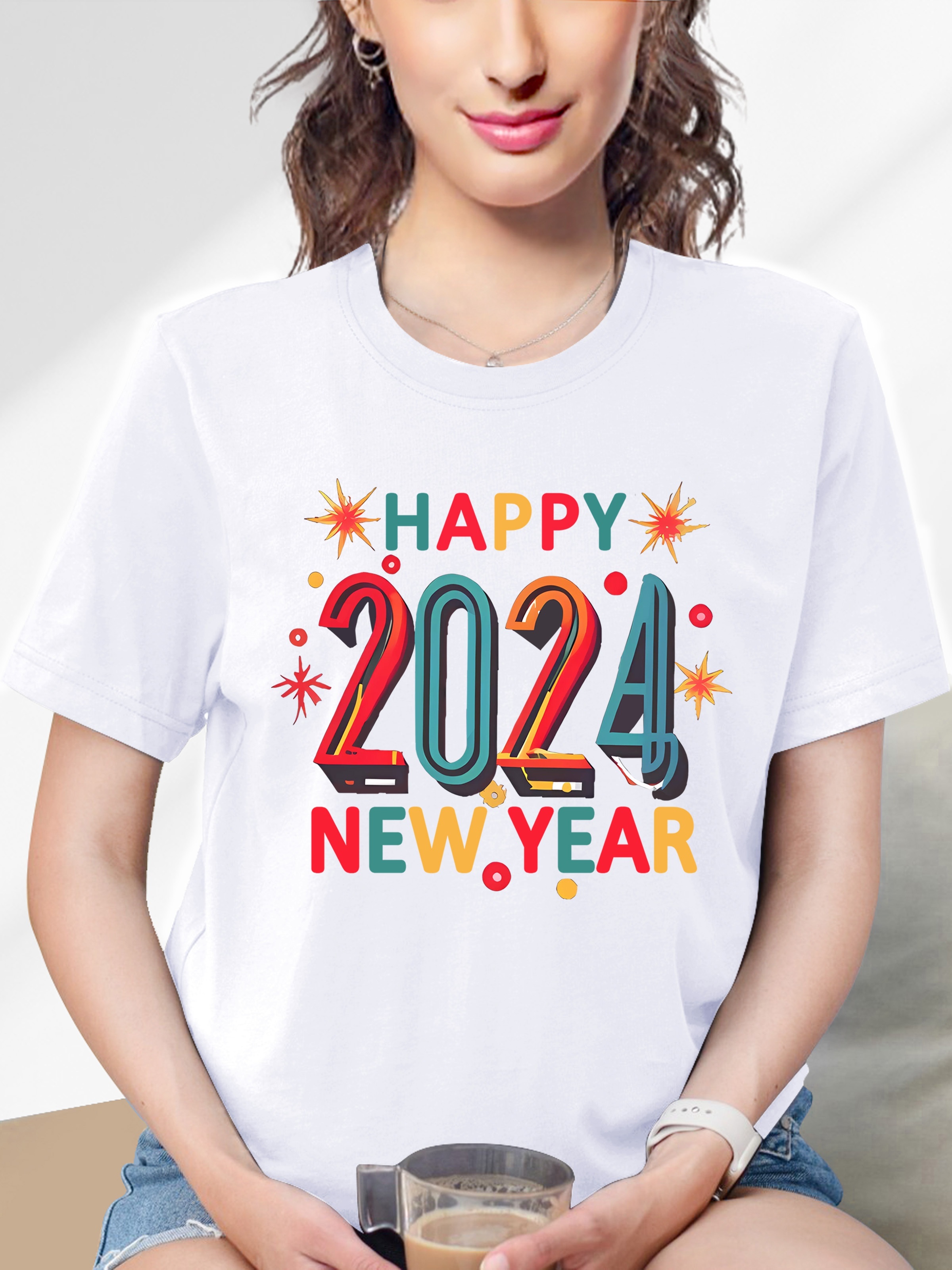 Happy 2024 New Year Print Casual Fashion Sports T-shirt, Short Sleeve Round  Neck Running Workout Tops, Women's Activewear