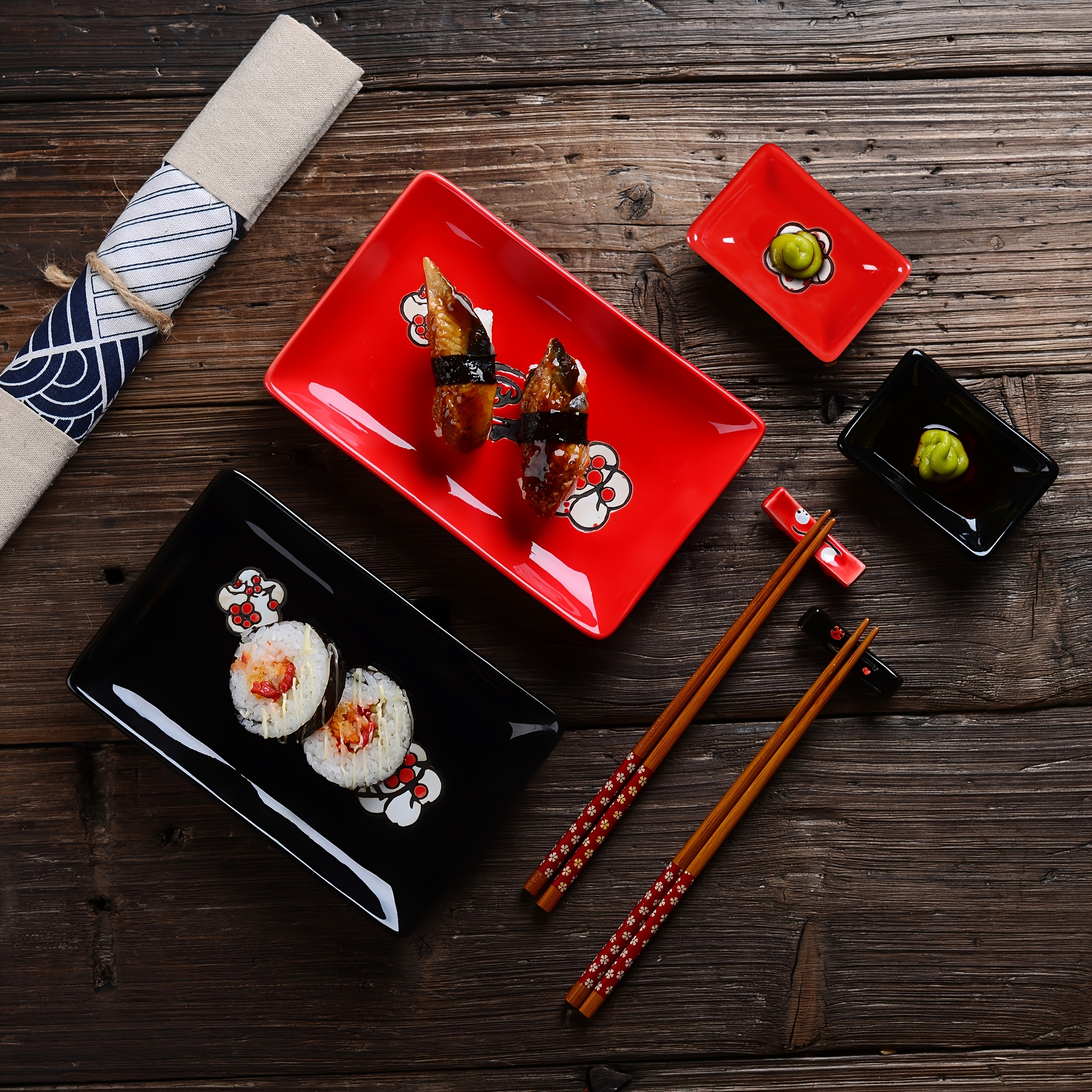 8pcs, Porcelain Sushi Sets Japanese Style - 2 X Sushi Plates, 2 X Dip  Bowls, 2 X Sticks Stands, 2 Pairs Of Bamboo Chopsticks For 2 Person