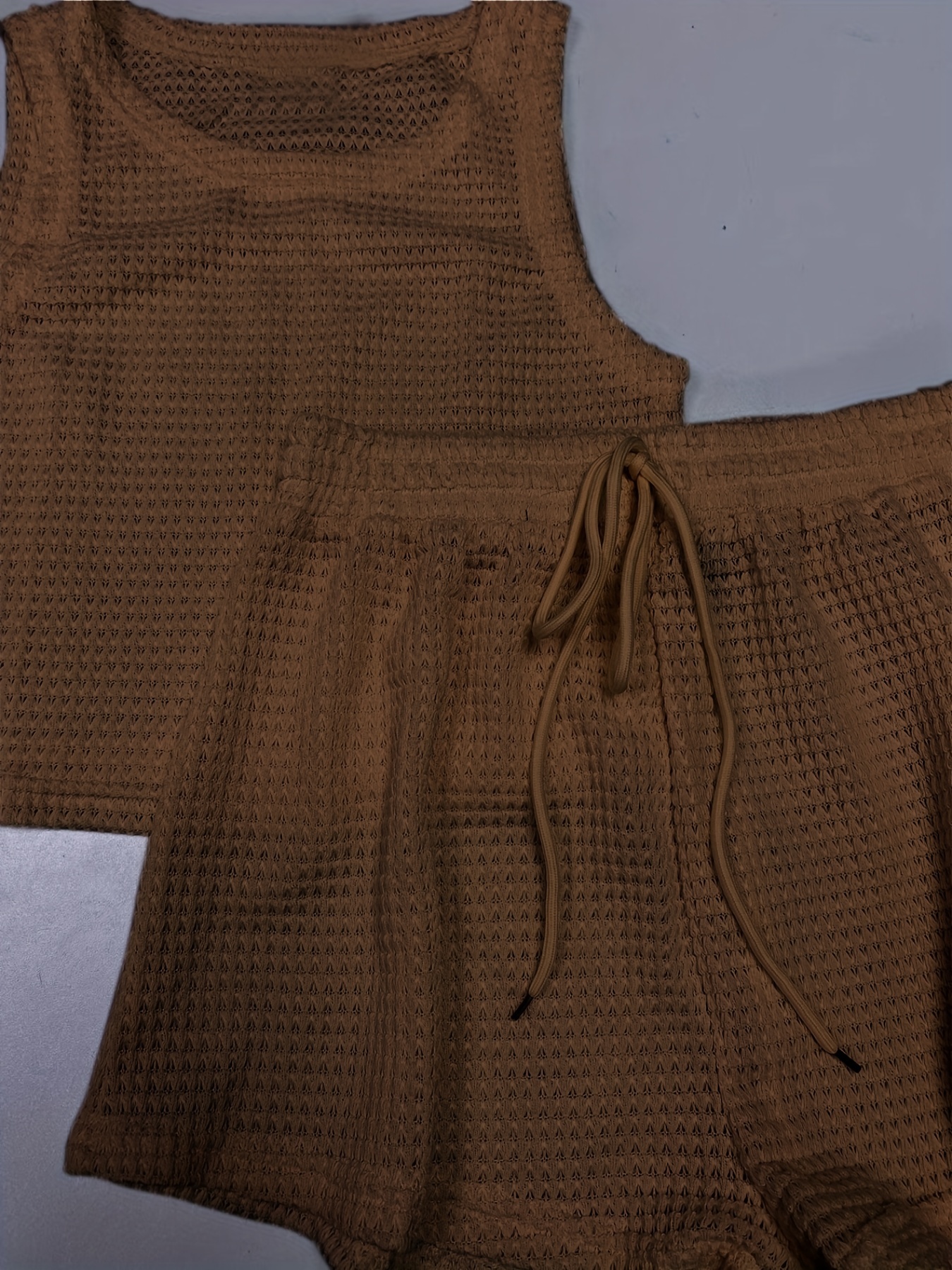Waffle Two Piece Set Crew Neck Sleeveless Tank Top & Drawstring Shorts