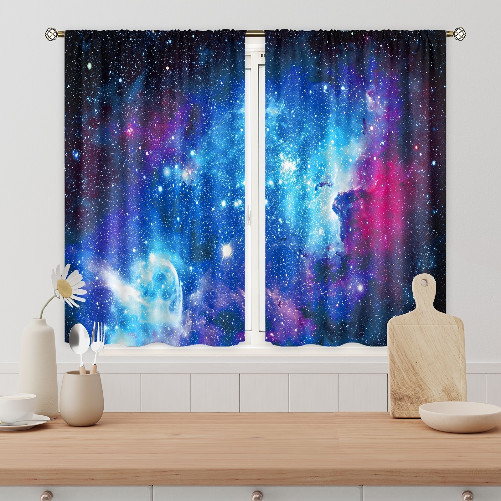 Galaxy Shining Stars Black Cloud Curtains, Rod Pocket Outer Space