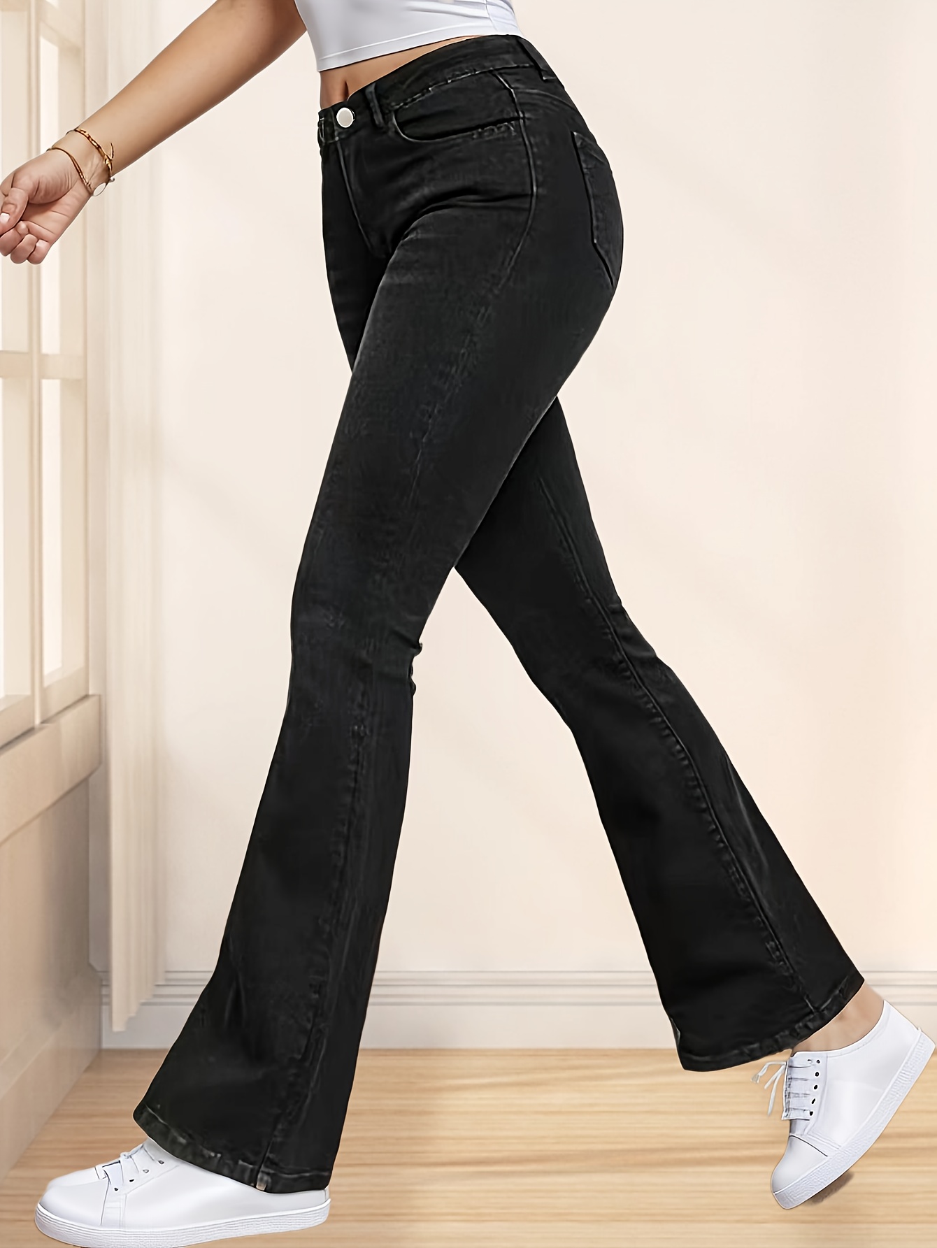 High Stretch Casual Bootcut Jeans, Slant Pockets Versatile Denim Pants,  Women's Denim Jeans & Clothing