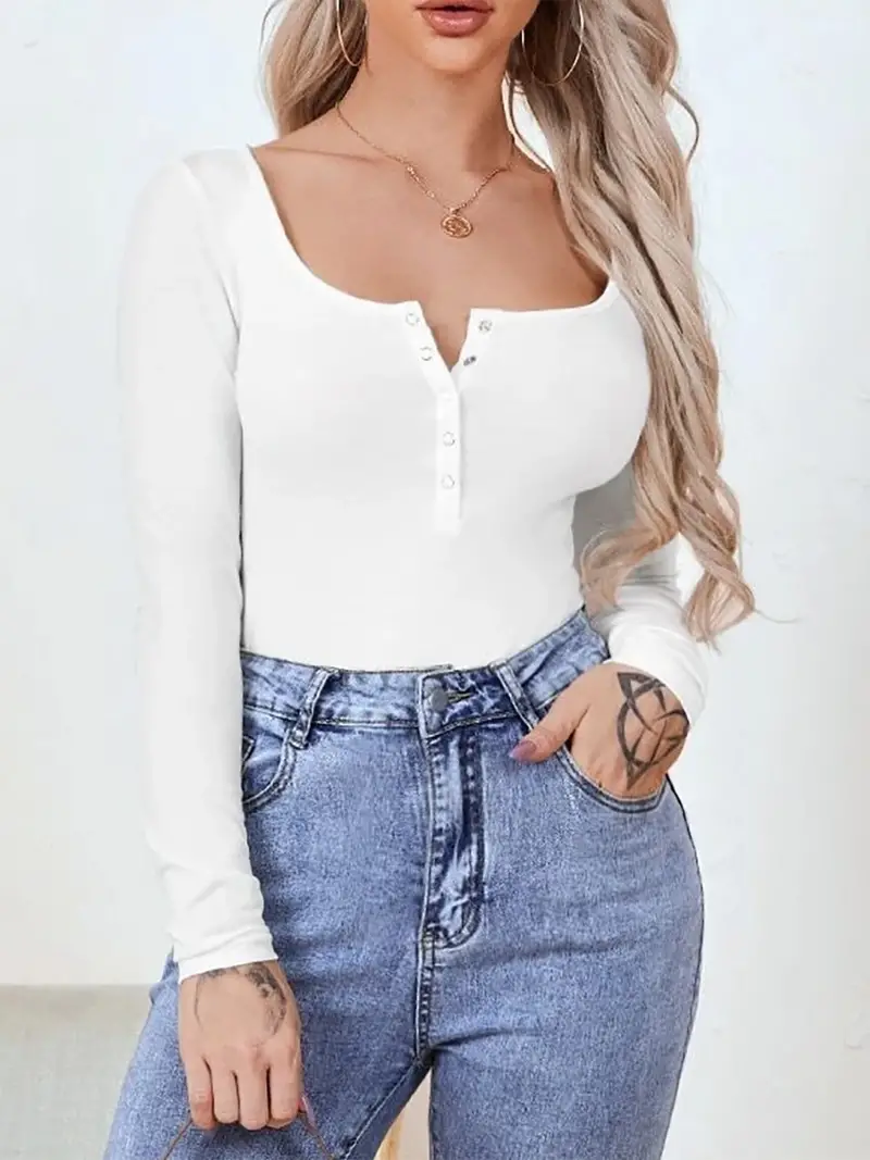 Women Sexy Crop Tops Long Sleeve Slim Fitting Low Cut Square Neck