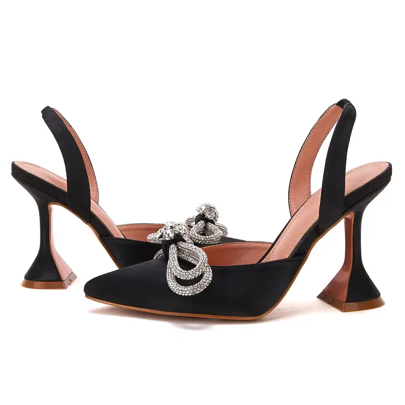 womens rhinestone bow high heels pointed toe slip on slingback pyramid heels fashion wedding dress pumps details 7