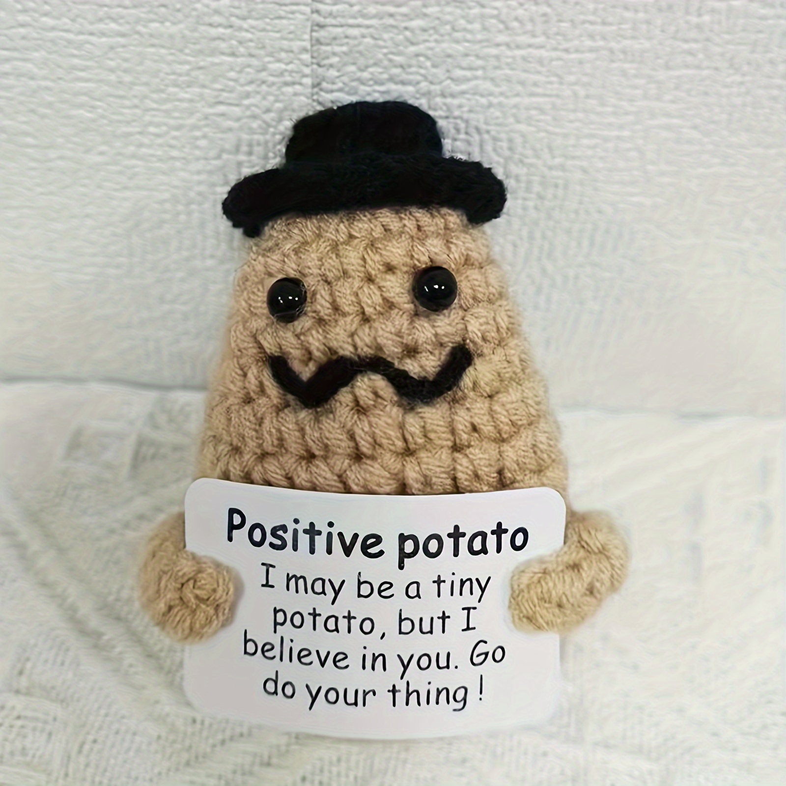  Mini Funny Positive Potato with Wood Base, 3 inch Knitted  Potato Toy with Positive Card Creative Cute Wool Positive Potato Crochet  Doll Cheer Up Gifts for Friends Party Decoration Encouragement 