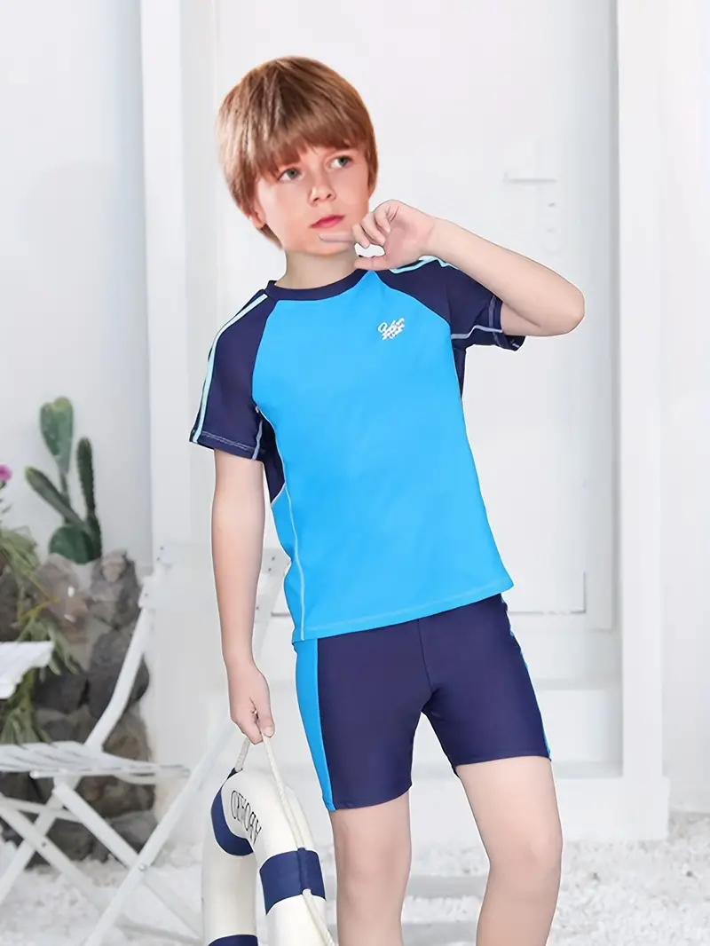 Boys Swimsuit Raglan Sleeve T shirt Top Spliced Shorts - Temu