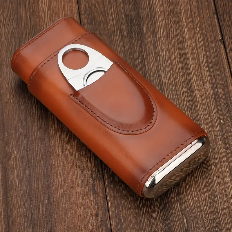 premium 3 finger brown leather cigar case with cedar wood lined humidor silvery stainless steel cutter details 6