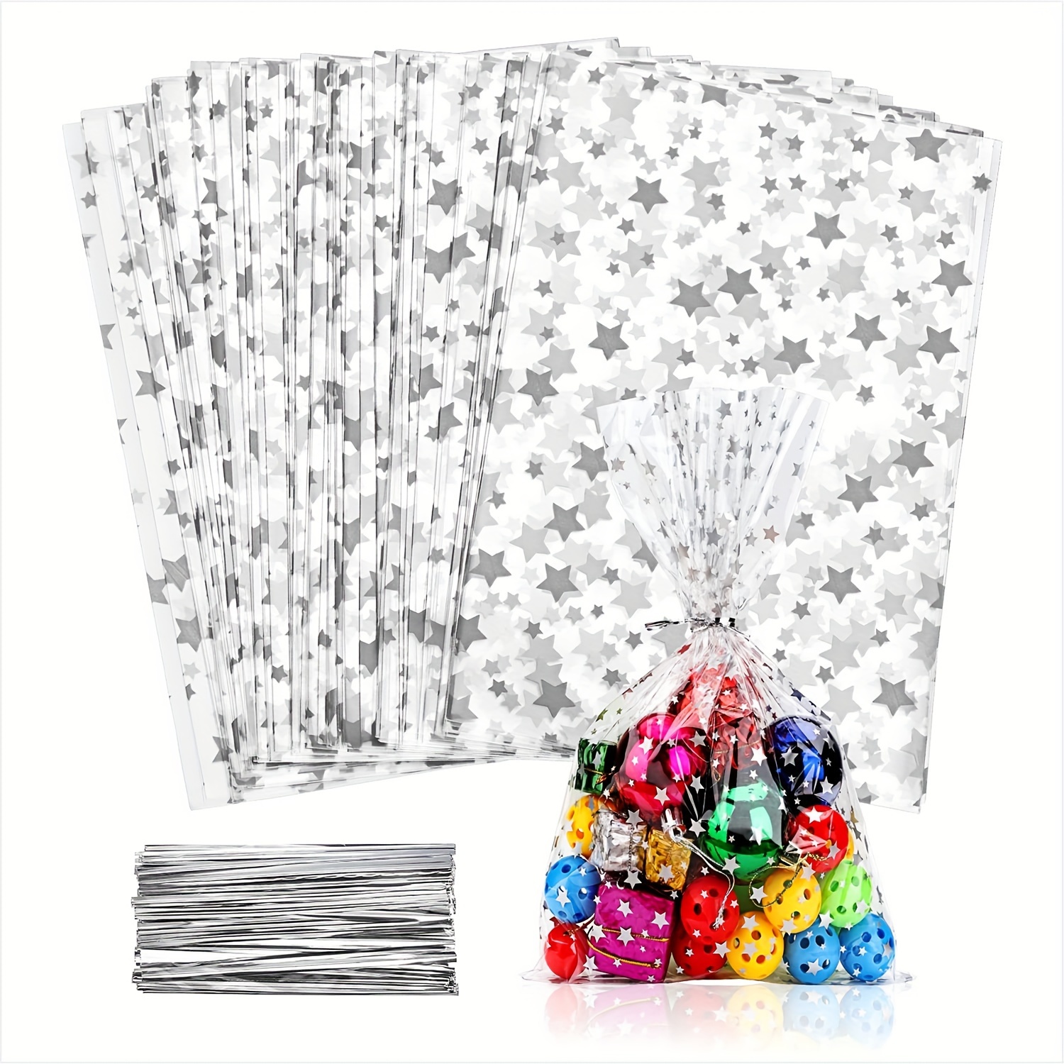

50pcs, Clear 5.7"x 9.5" Flat Gift Wrap Cellophane Bags Cello Bags Cookie Bags Treat Bags With Twist Ties Poly Bag Cookie, Candies Silvery Star Printed