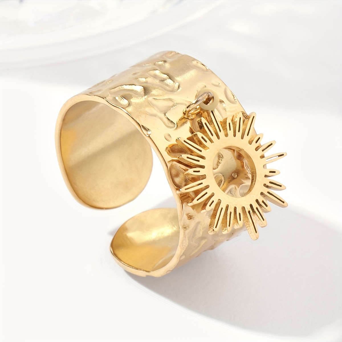 Stainless Steel Retro Sunflower Wide Version Tin Foil Texture Pleated Ring