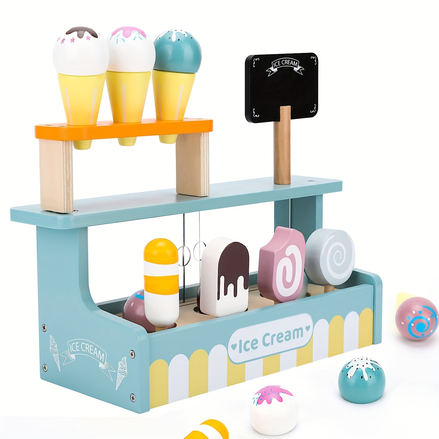 

Ice Cream Toy, Wooden Ice Cream Counter Play Set For Kids, Pretend Play Kitchen Food Toy Gift For 2 3 4 5 6 Boys Girls Christmas, Halloween, Thanksgiving Gifts