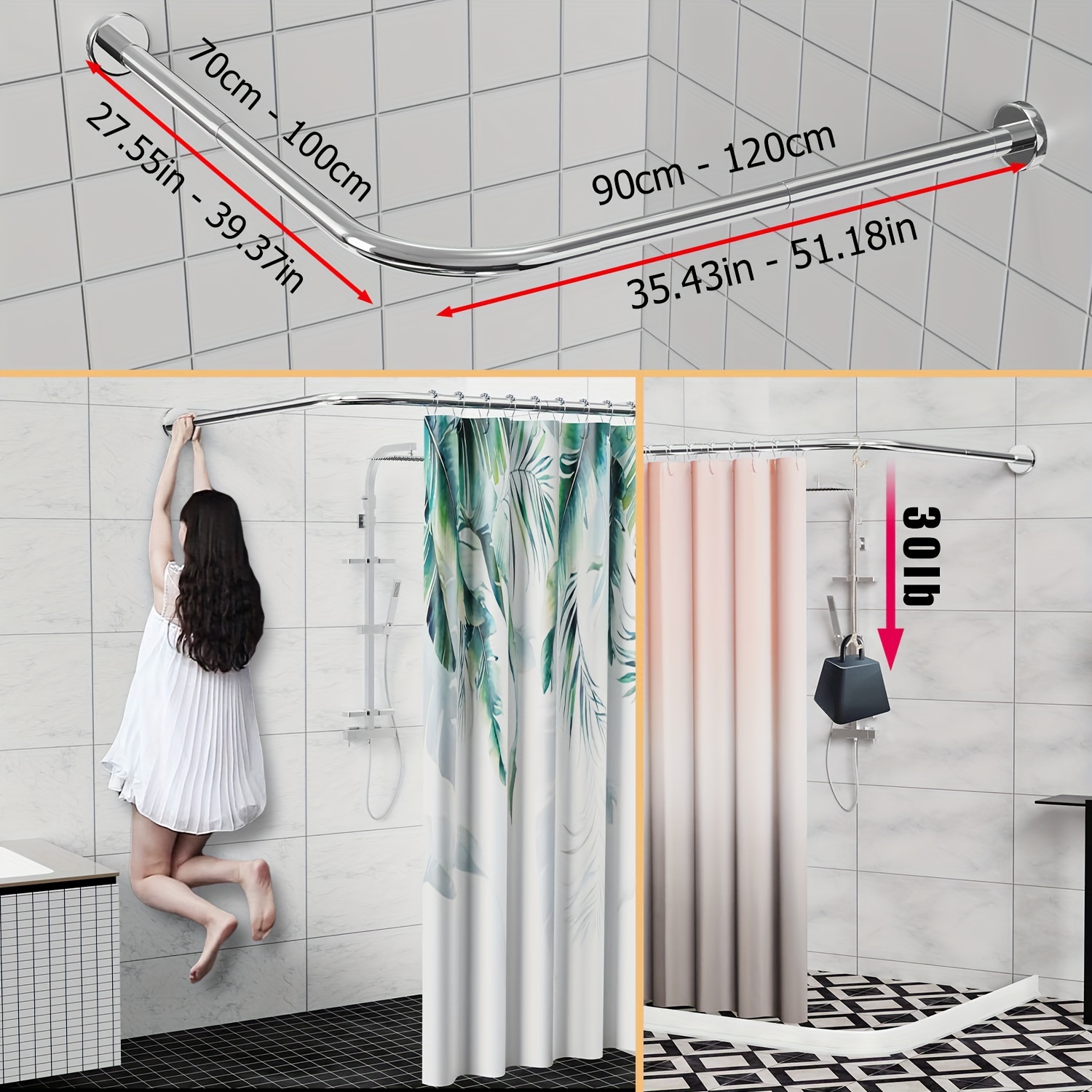 Barre à Tringle rideau douche Salle de bain, Extensible - 70 x 120 cm