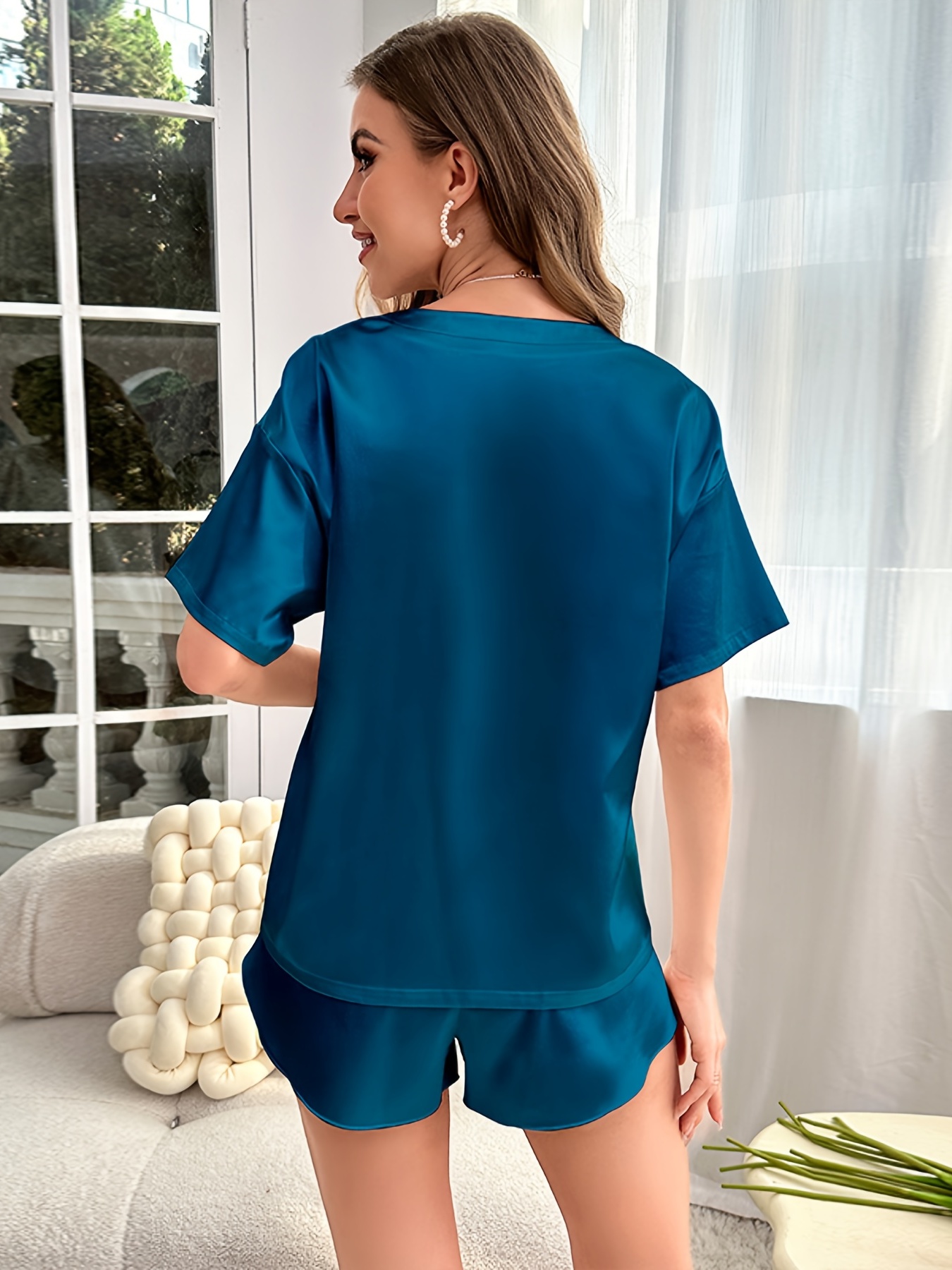 Solid Satin Lounge Set Short Sleeve Crew Neck Top & Shorts Women's Loungewear