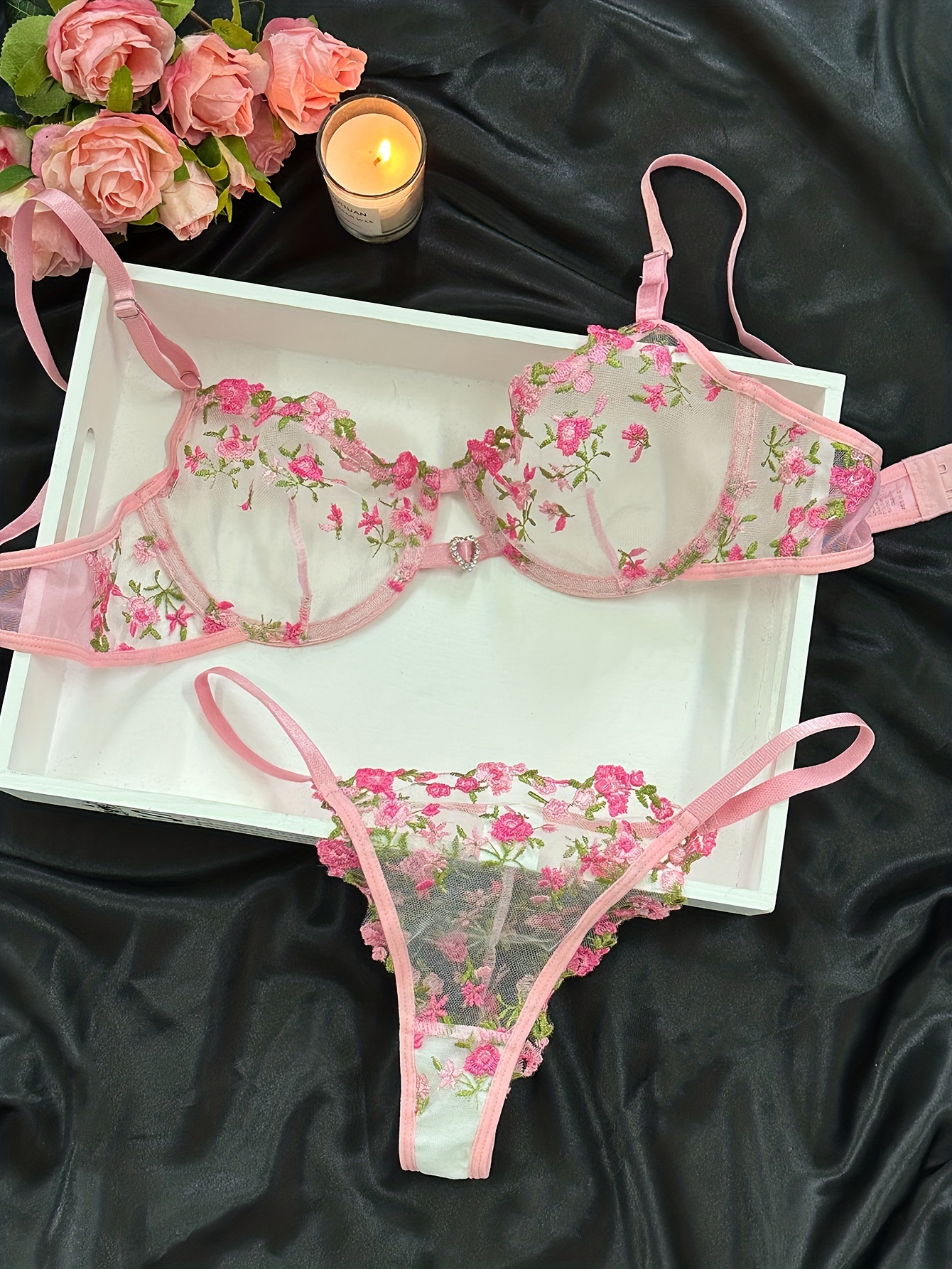Floral Embroidery Lingerie Set Hollow Unlined Bra Sheer Mesh
