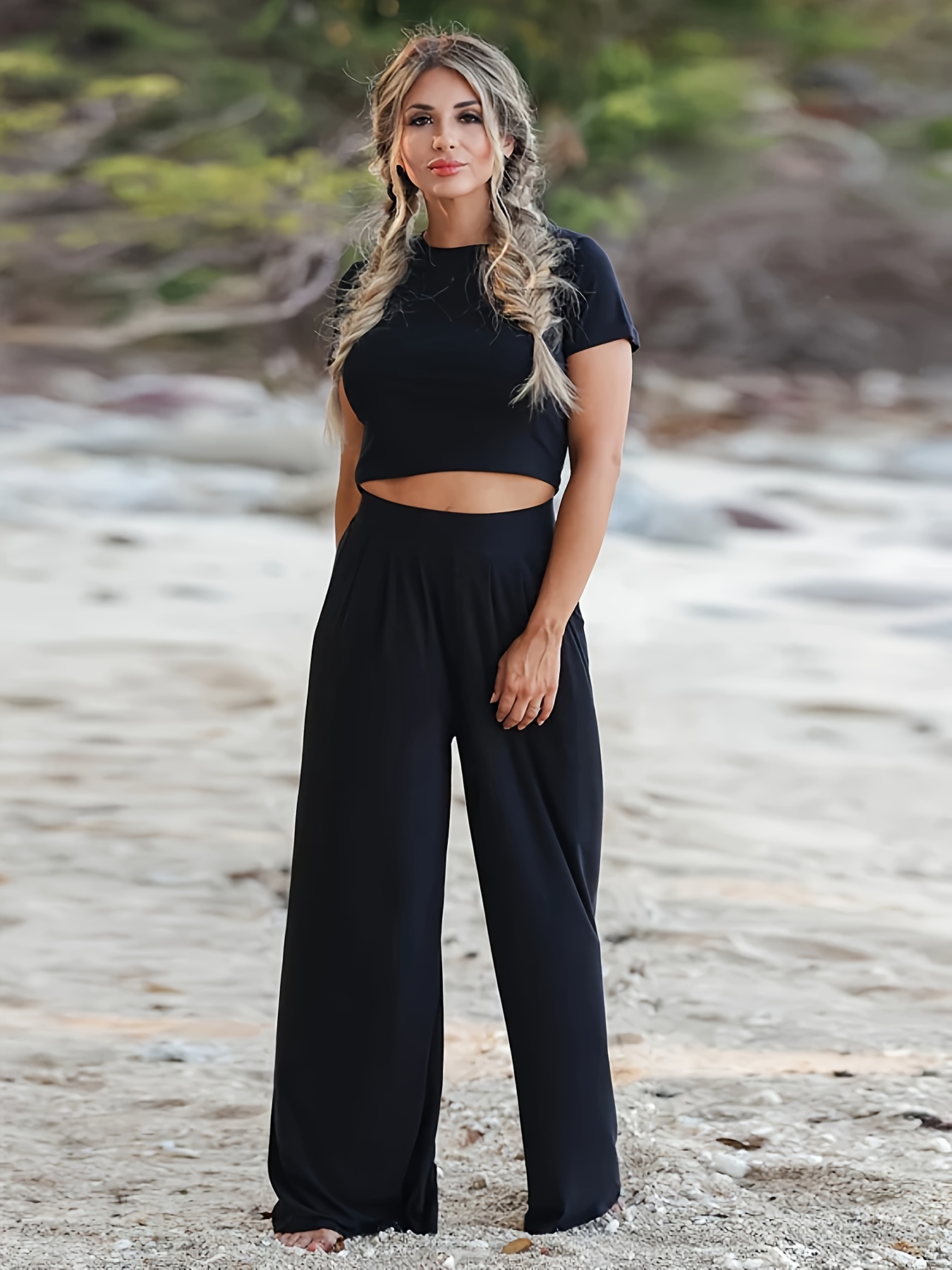 Casual Matching Two-piece Set, Short Sleeve T-shirt & Wide Leg Pants  Outfits, Women's Clothing