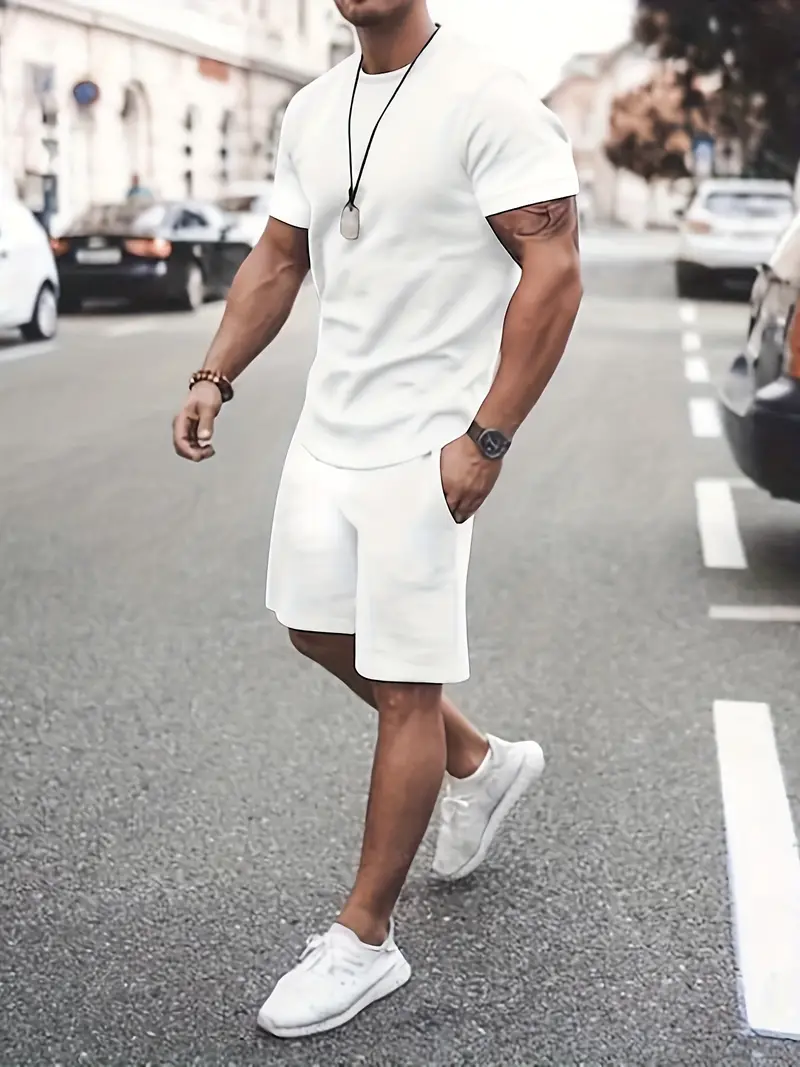 plus size mens casual style solid t shirt tees shorts set for summer oversized loose sports 2pcs outfits men clothing white 0