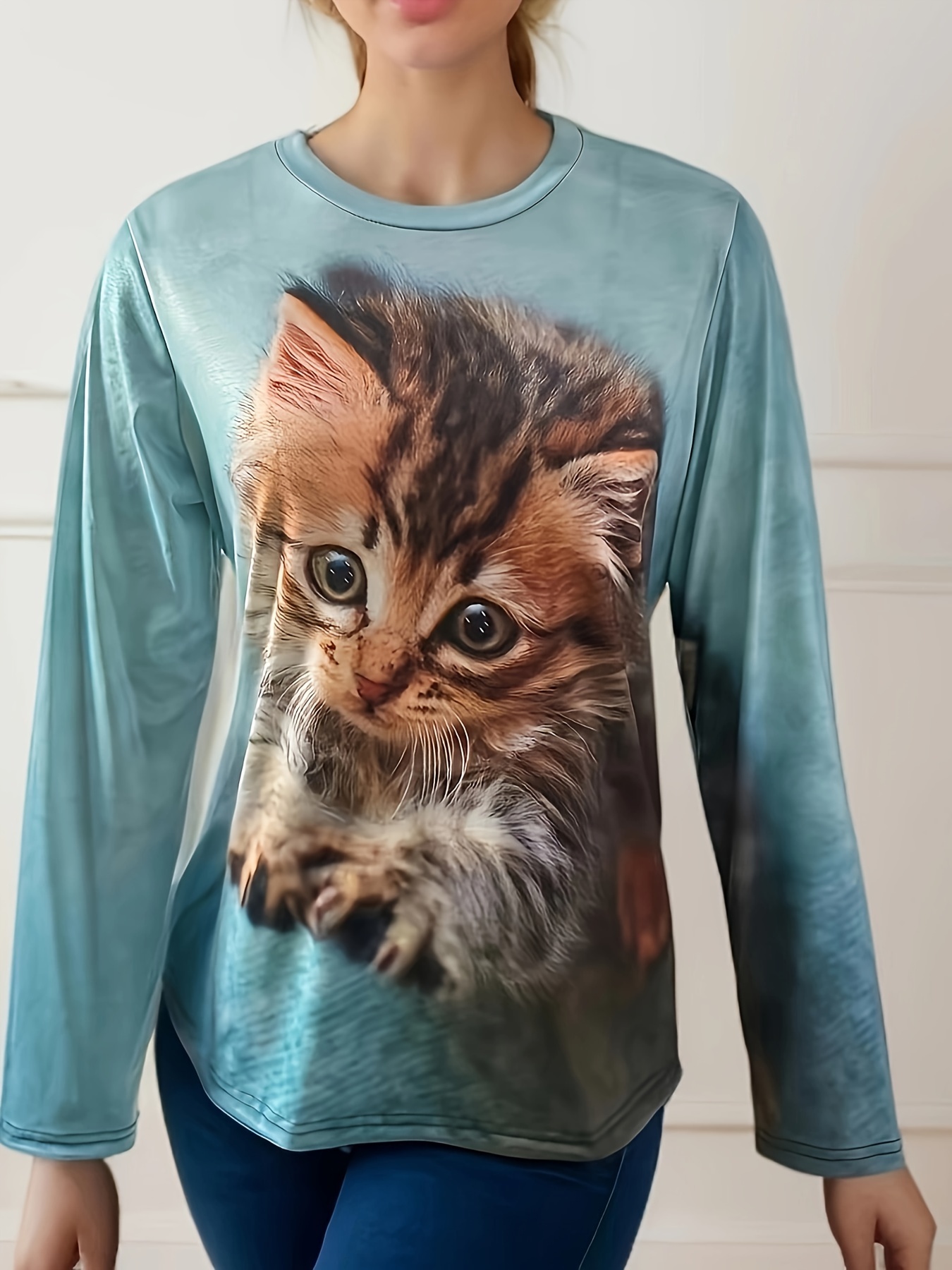 猫プリントクルーネックTシャツ、春秋用カジュアル長袖トップス、婦人