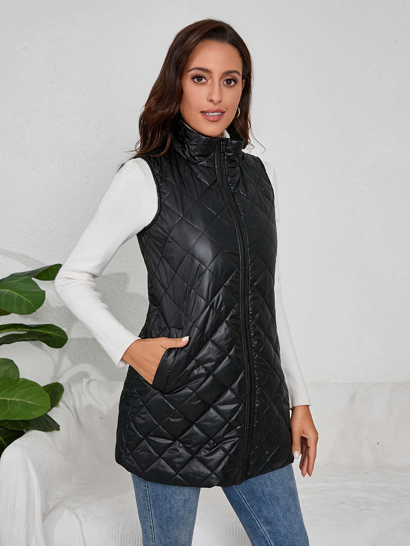 Gilet Solido Con Motivo Argyle, Gilet Casual Con Colletto Rialzato Con  Cerniera, Abbigliamento Da Donna - Temu Italy