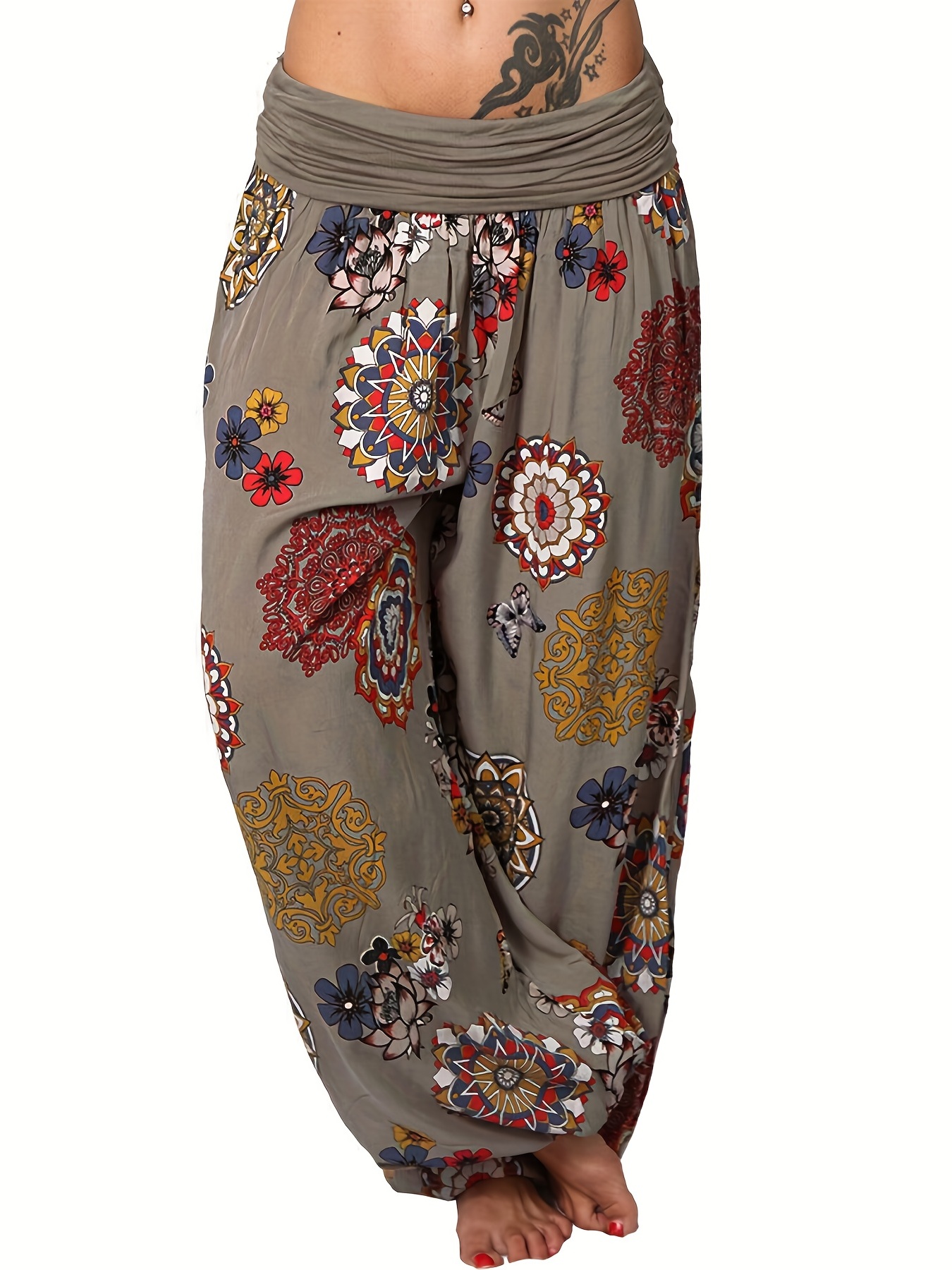 Plus Size Boho Pants Women's Plus Paisley Print Ruched High - Temu