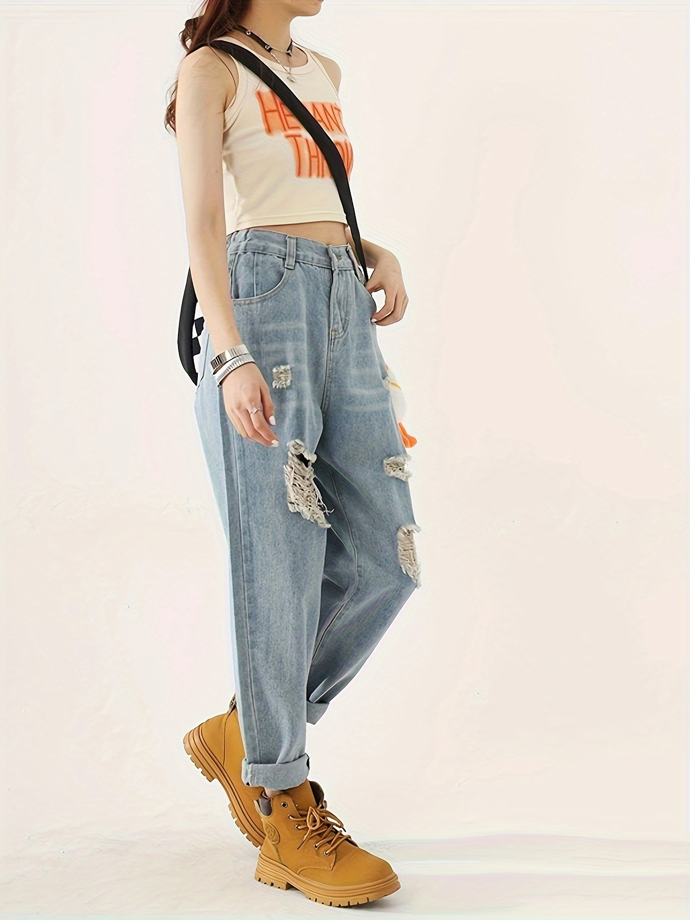 Roll Hem Ripped Hole Straight Jeans Fashion Y2k Distressed - Temu