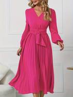 solid surplice neck belted dress elegant pleated long sleeve midi dress for spring fall womens clothing