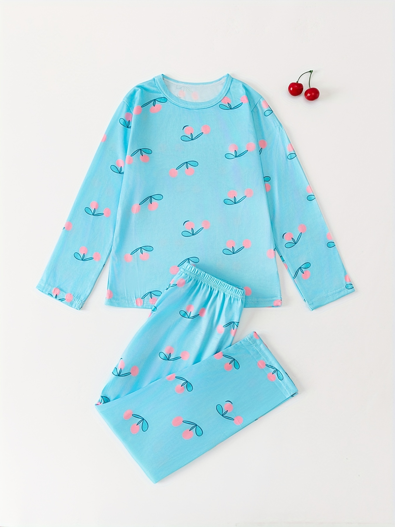 2pcs Kid's Cherry Pattern Pajamas, Long Sleeve Top & Pants Set, Fruit  Allover Print Comfy PJ Set, Girl's Loungewear