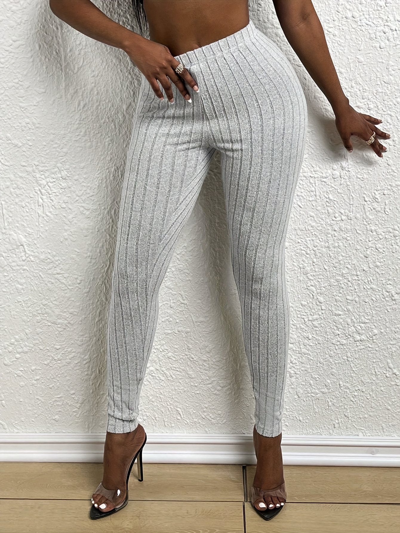 Ribbed Knit Skinny Leggings Casual Every Day Stretchy Pocket