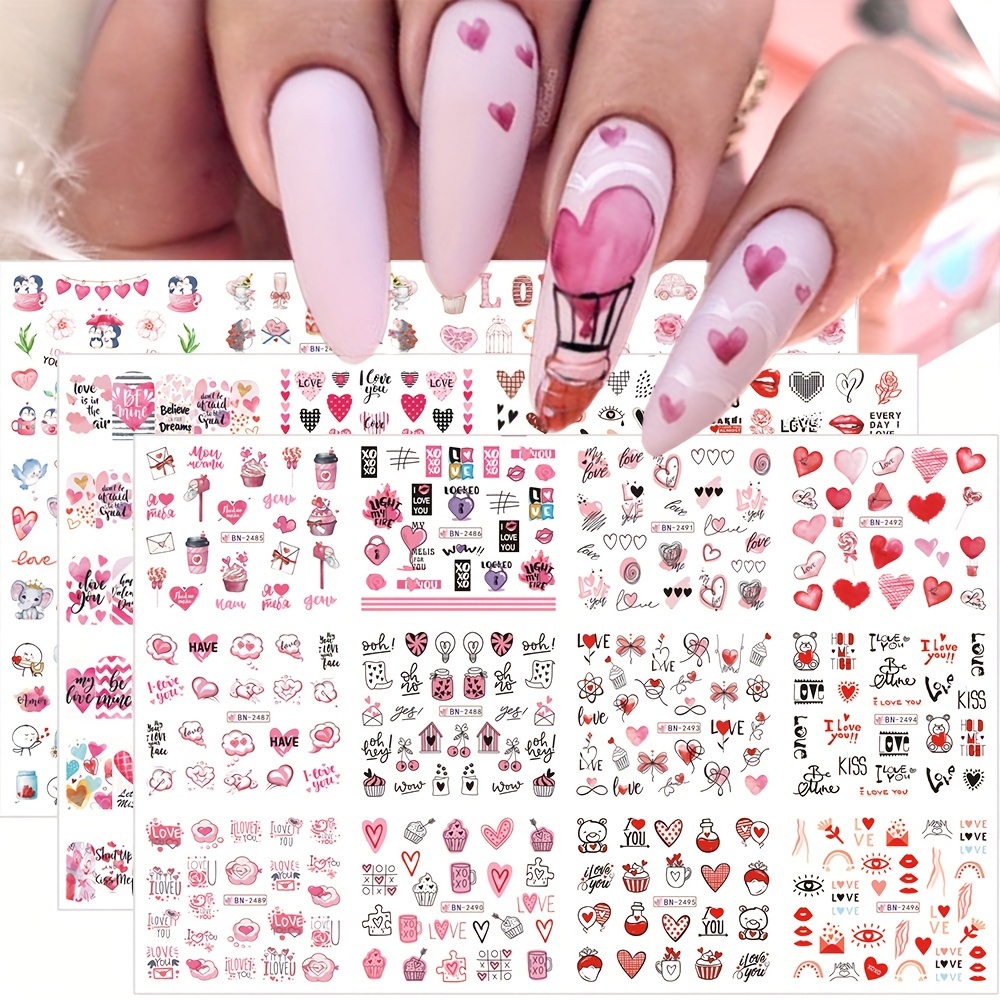 

36pcs Valentine Nail Water Transfer Stickers, Heart Love Letter Red Lip Rose Design Nail Art Decals For Nail Art Decoration, Self Adhesive Nail Art Supplies For Women And Girls