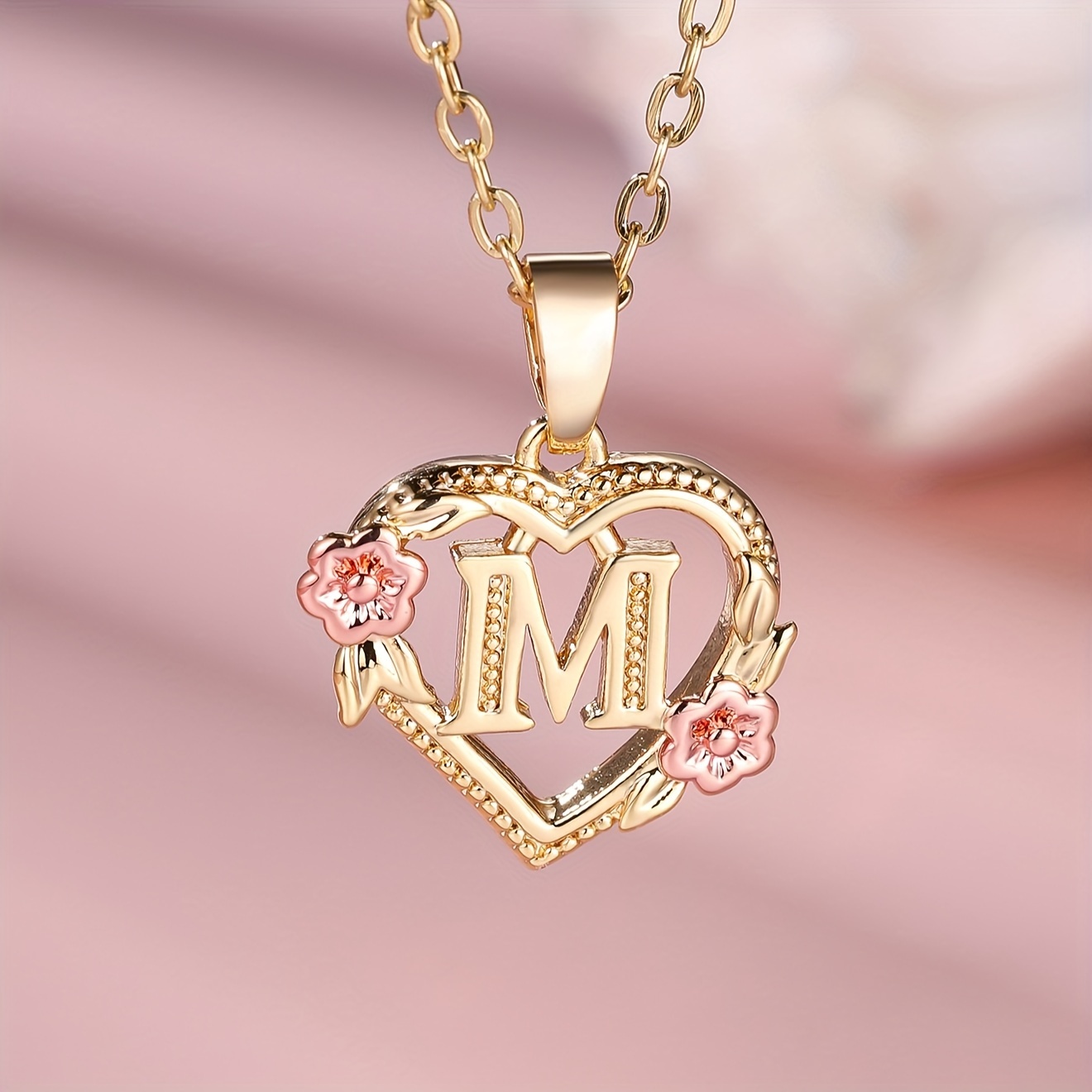TEMU Exquisite Golden Initial Necklace Heart Carved 26 Letter A-z And Flower Necklace For Women Daily Party Holiday Decoration Gift