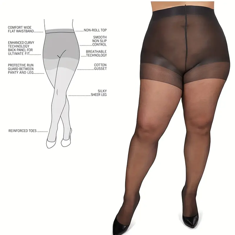Plus Size Casual Stockings, Women's Plus Ultra Elastic Sheer Control Top  High Waisted Pantyhose For Daily Life