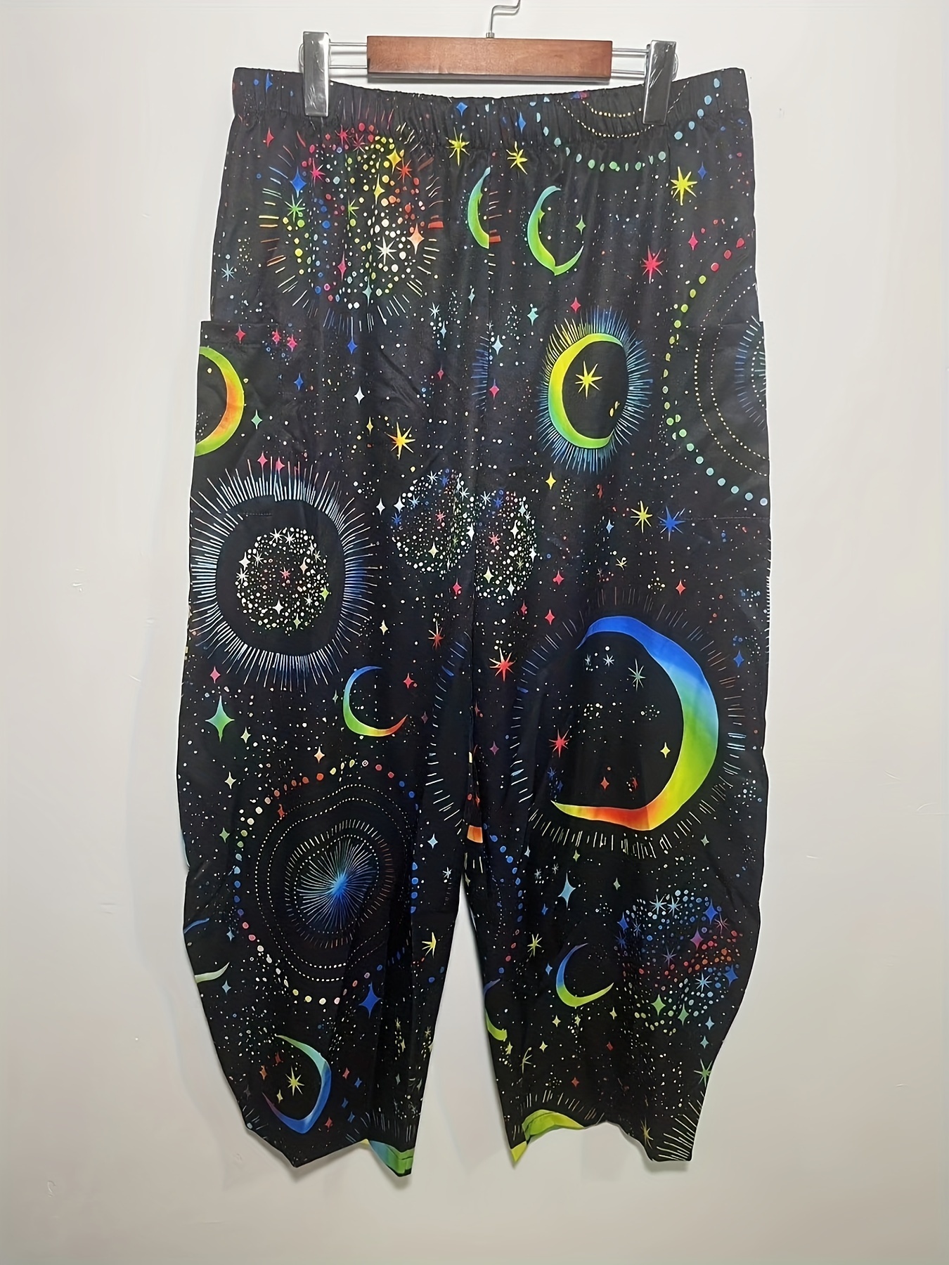 Womens Moon Star Print Pants Trousers Elastic High Waist Slim Fit Long Flare