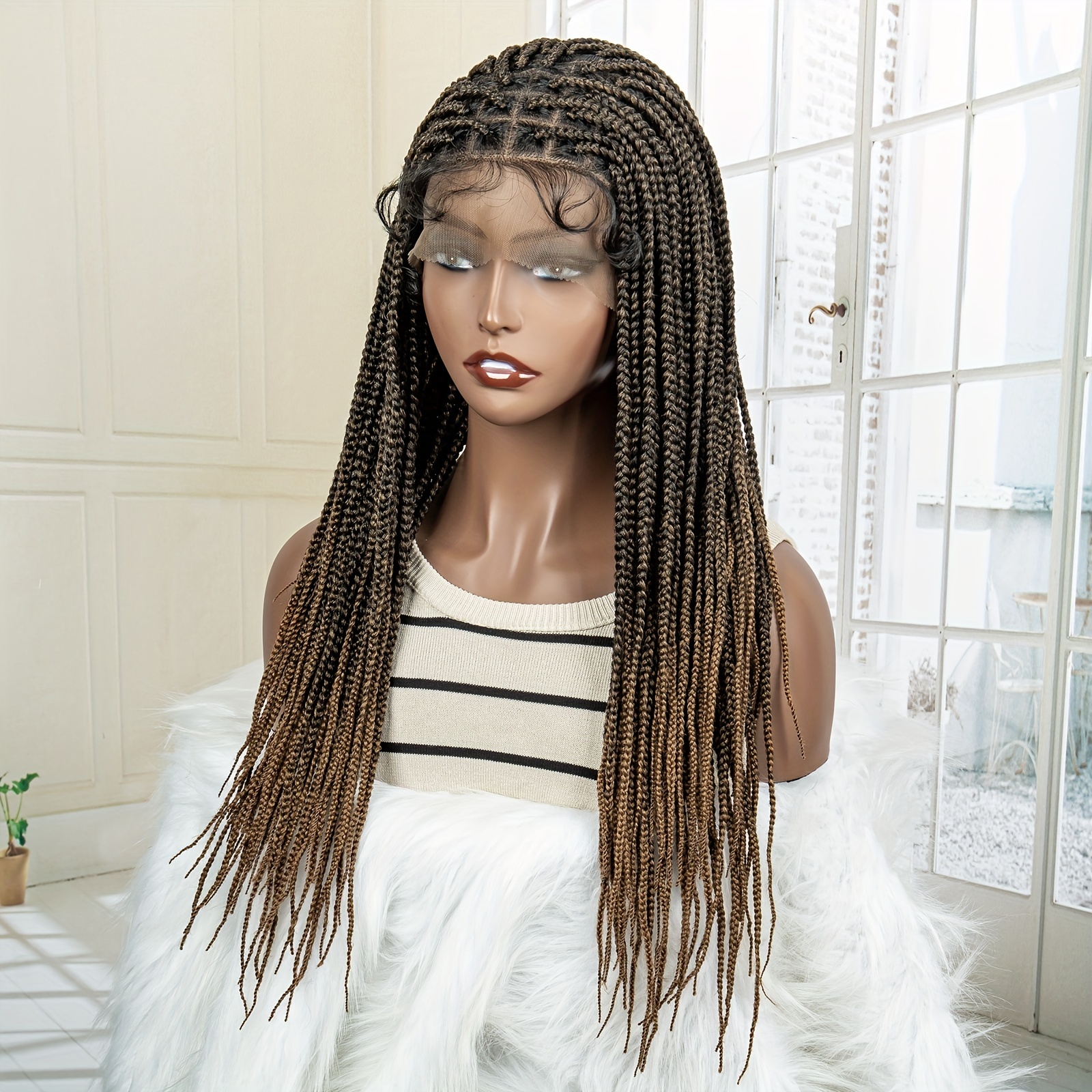 Ombre Brown Full Lace Braided Wigs Synthetic Box Braided - Temu