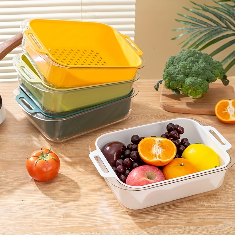 6pcs/set Double-layer Kitchen Vegetable Basin With Drain Basket, Hot Pot  Dish With Lid, Plastic Fruit Basin, For Home/living Room