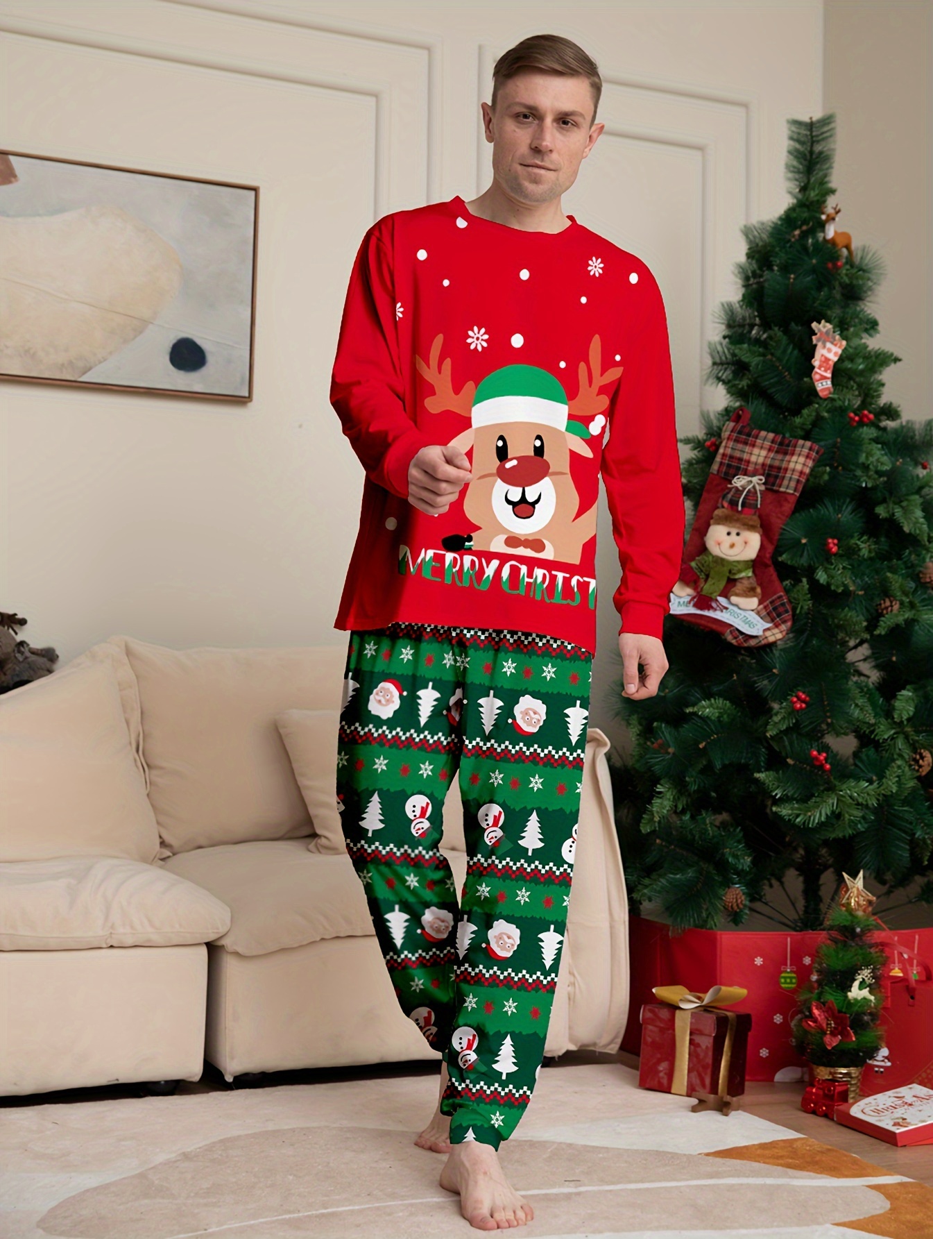 Letter Elk Print Pajama Set Christmas Long Sleeve Crew Neck - Temu