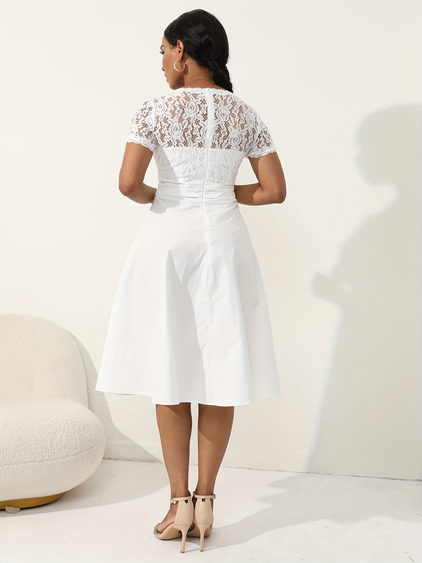 Lace V neck Button Front Wedding Dress Elegant Short Sleeve - Temu