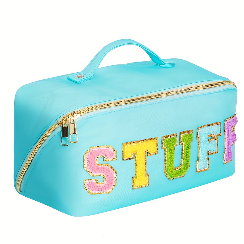 Image of Large Capacity Travel Cosmetic Bag For Women, Travelling Nylon Letter Patch Decor Makeup Bag, Multifunctional Storage Travel Toiletry Bag Skincare Bag