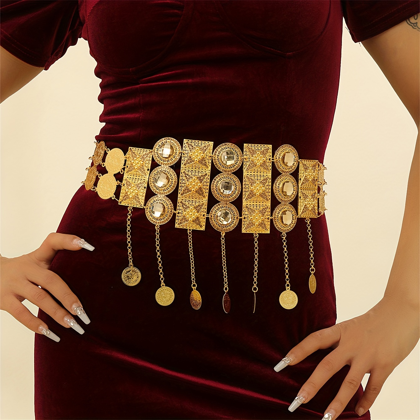 Golden Waist Belt For Women Boho Coin Tassel Wide Chain Belts