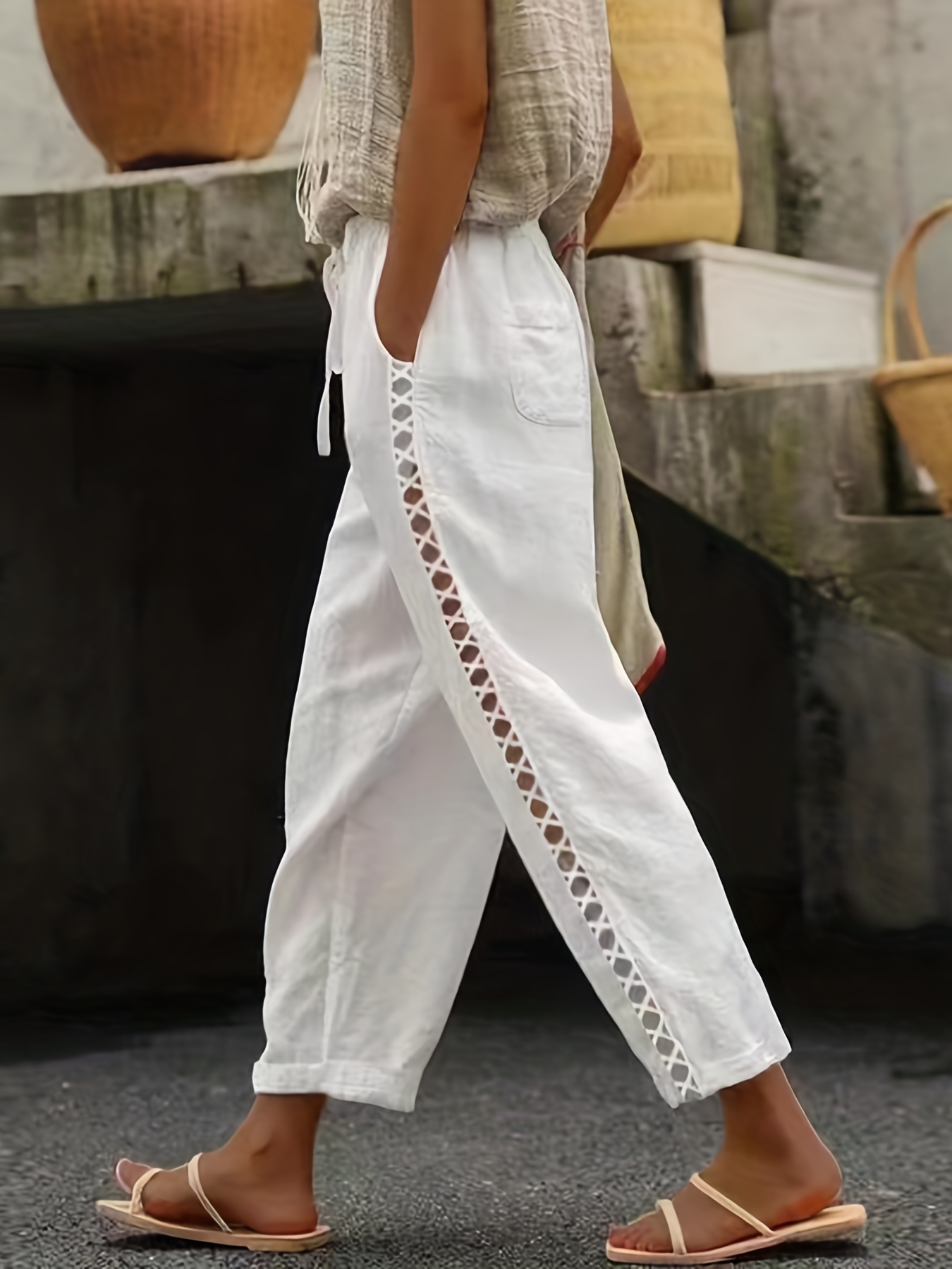 Solid Drawstring Loose Leg Pants Casual Side Cut Pants - Temu