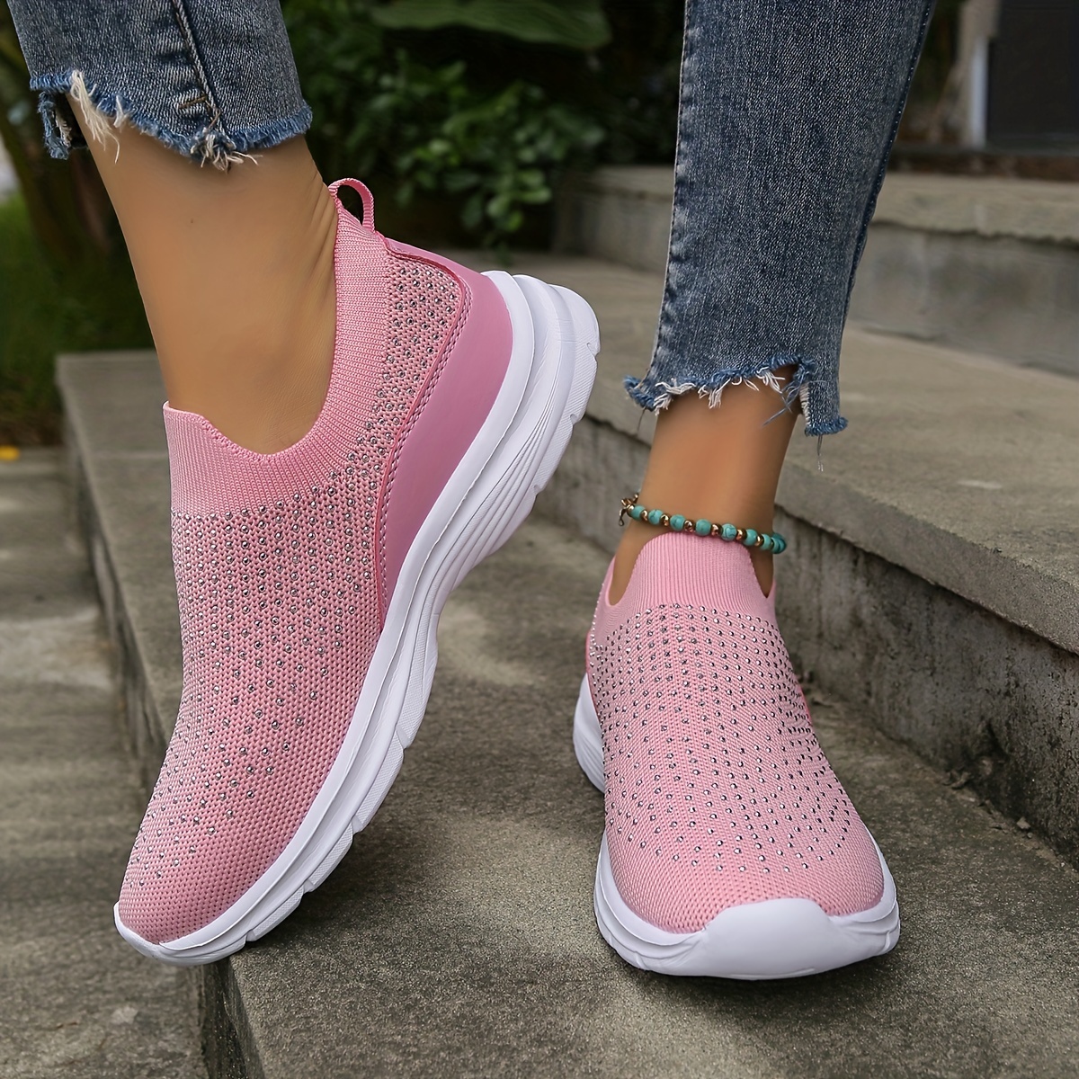 Solid Color Mesh Shoes, Women's Rhinestone Mesh Breathable Tennis Sports Lightweight,Temu