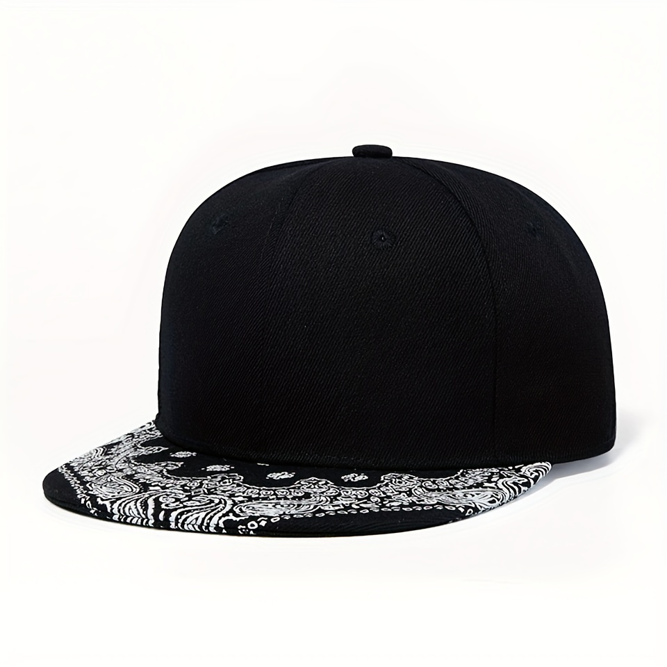 

1pc Black Paisley Print Hip Hop Hat Flat Brim Hat, Outdoor Casual Adjustable Unisex