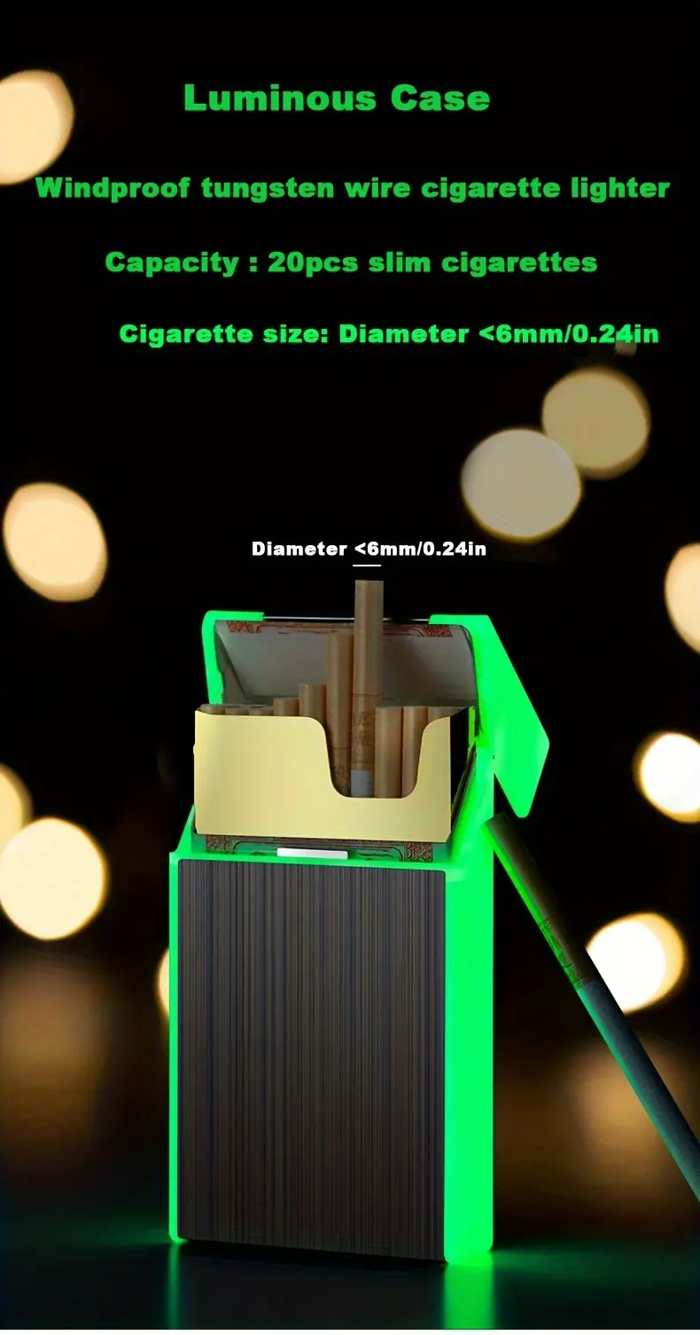luminous cigarette case with usb lighter portable cigarette box with lighter for 20pcs thin cigarettes gift for christmas holiday details 2