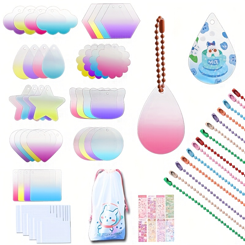 

63-piece Diy Acrylic Keychain Making Kit With Clear Gradient Charms, Plastic Stencils, Seal Bags, Chains, And Colorful Stickers - Various Shapes & Designs For Custom Keychains And Crafts