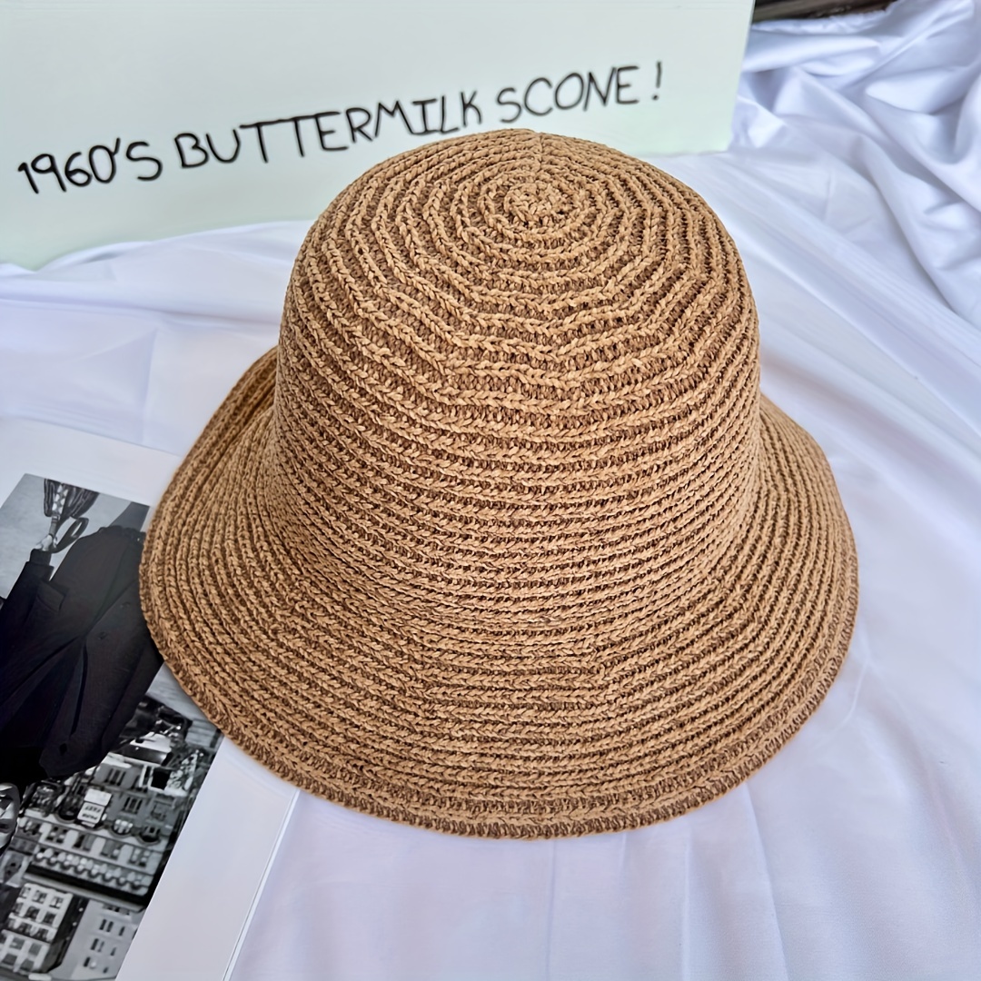 Solid Color Straw Bucket Hat Casual Breathable Summer Sun - Temu