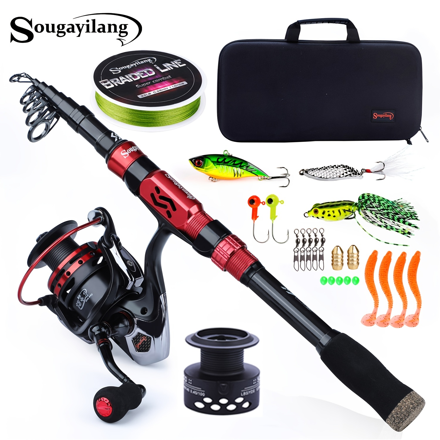 7.9ft Telescopic Fishing Rod Spinning Pole Reel Combo Full Kit with 100m Line & Bag, Size: 7.9', Silver