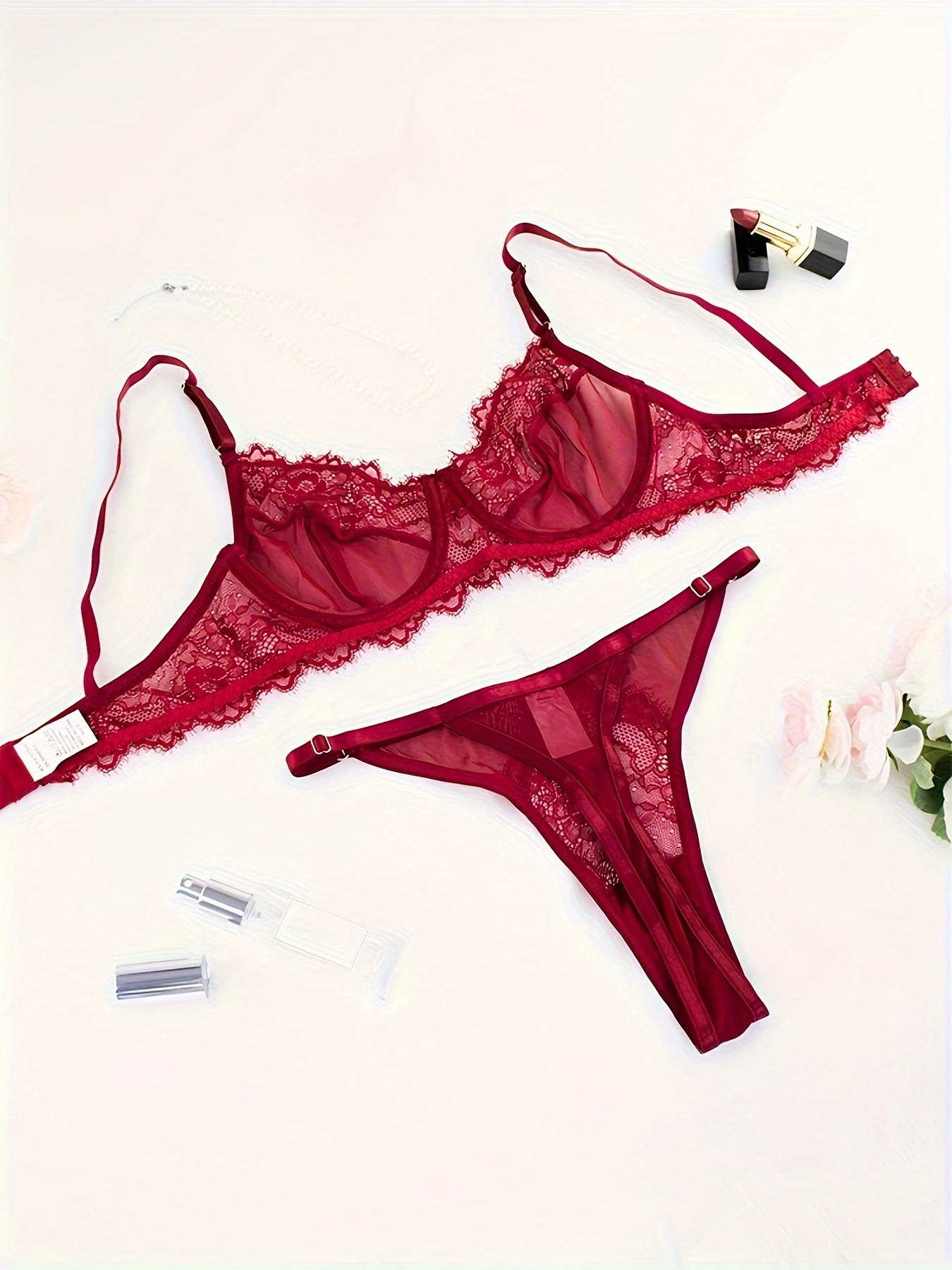 Hot Floral Lace Lingerie Set Cut Scallop Trim Bra Mesh Thong - Temu